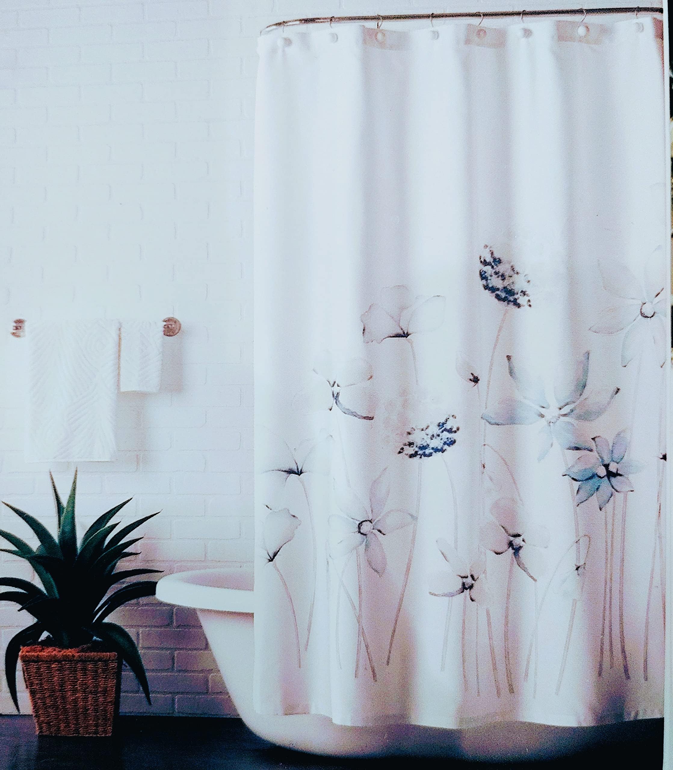 Beau Monde Beautiful Bath Collection Shower Curtain, Green/Blue Flowers on a White Background