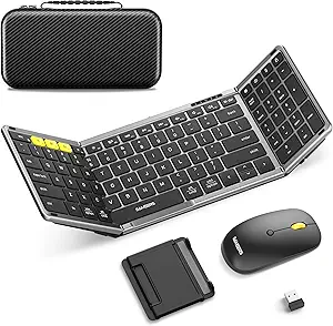 Foldable Keyboard and Mouse, Samsers Folding Bluetooth Keyboard Combo, 2.4G + BT5.0 x 2, Full-Size Portable Travel Keyboard & USB-C Rechargeable Wireless Mouse for Windows Android iOS Mac OS