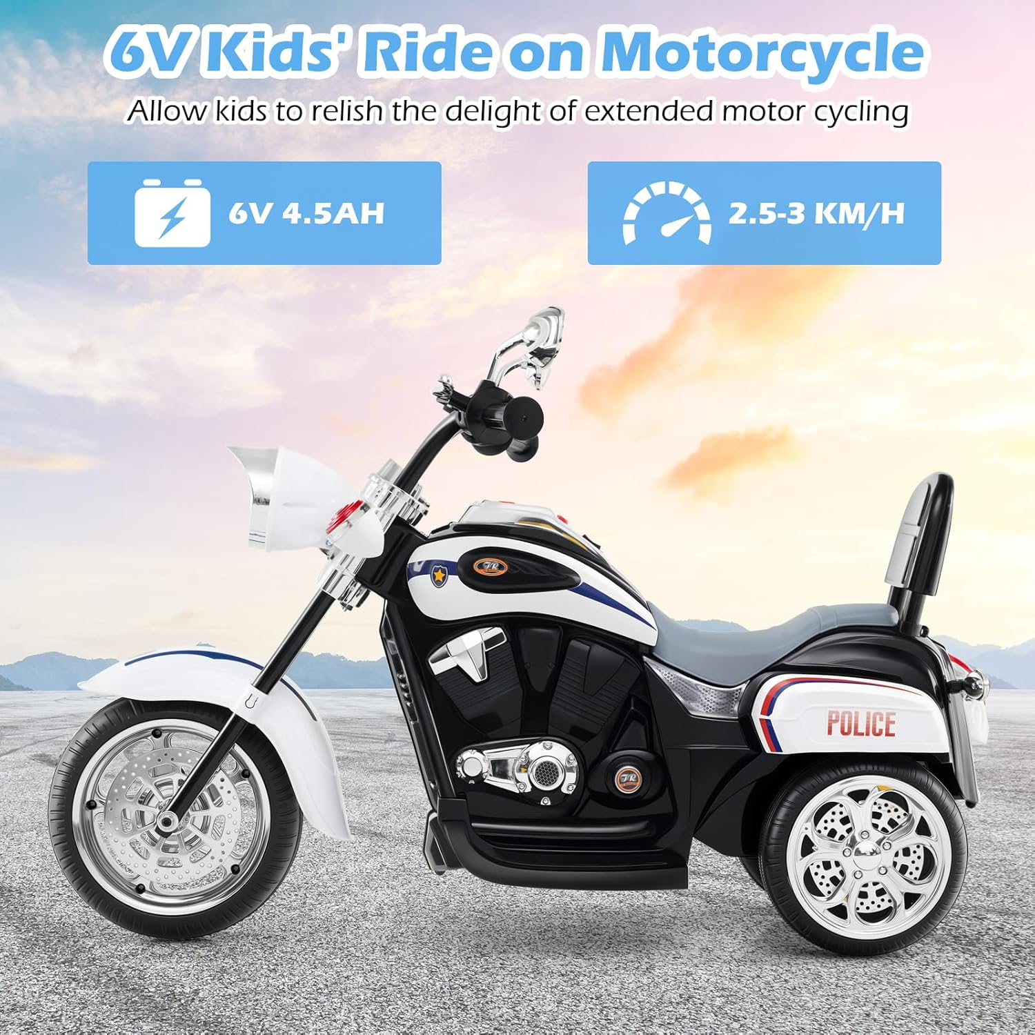 HONEY JOY Kids Motorcycle, Police Ride On Toy for Toddlers, 3-Wheel Battery Powered Chopper Motorbike w/Horn & Headlight, Foot Pedal, 6V Electric Motorcycle for Kids, Gift for Boys Girls, White