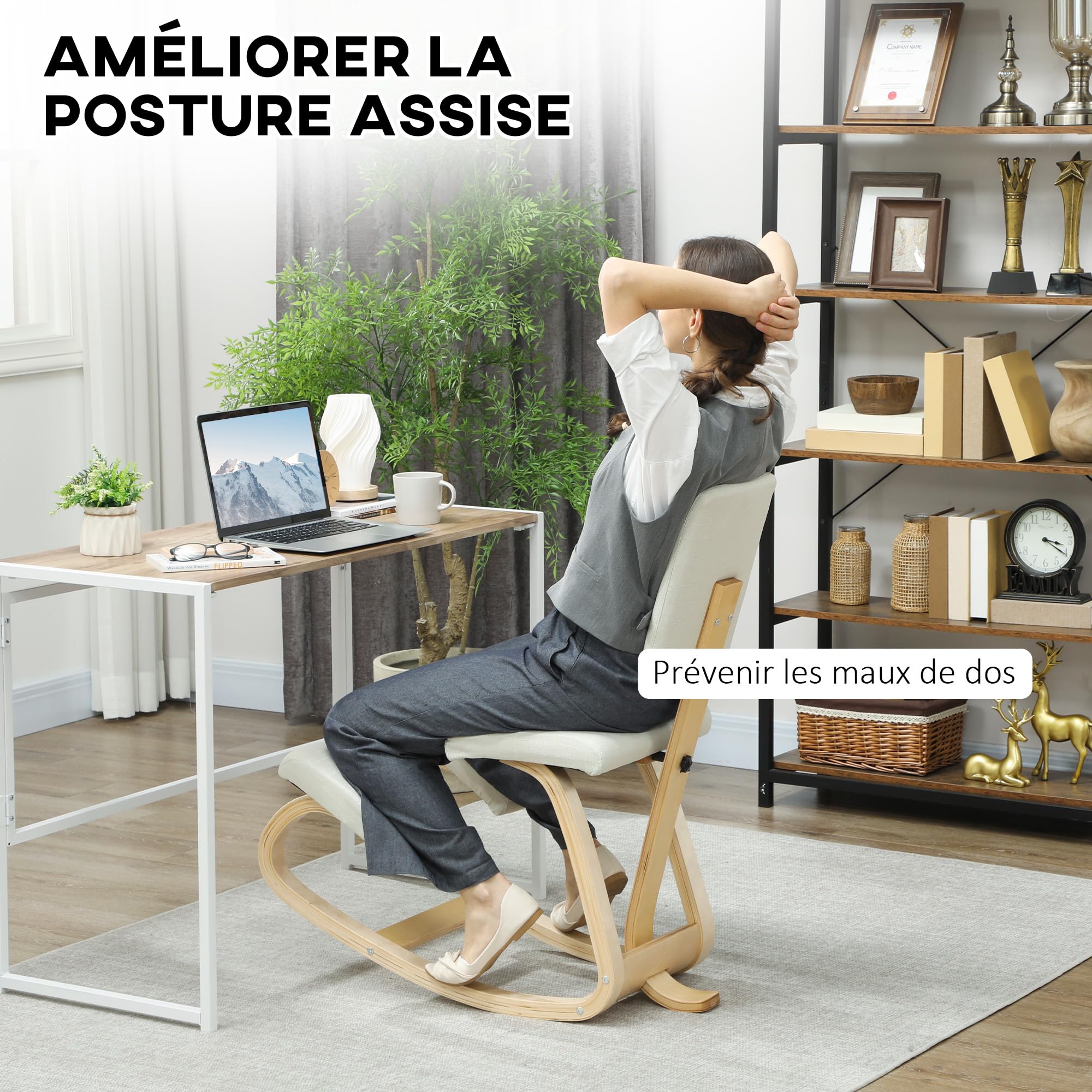 HOMCOM Ergonomiczne krzesło do kolan z oparciem, siedzisko na kolanach, ergonomiczny drewniany taboret, ortopedyczny taboret, korektor postawy, łagodzący ból pleców, krem