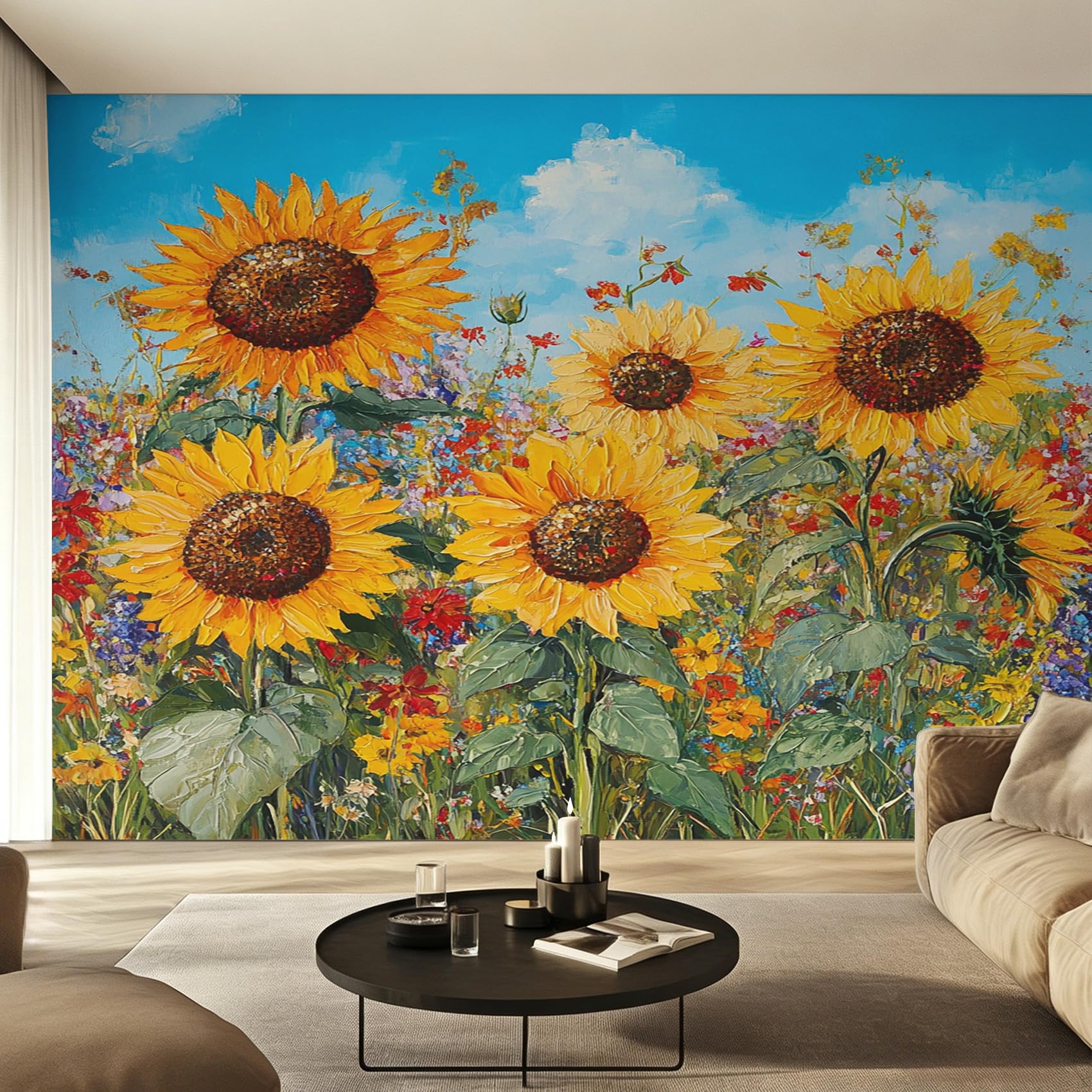 Papier peint panoramique fleur jaune effet peinture à l'huile rustique haut de gamme
