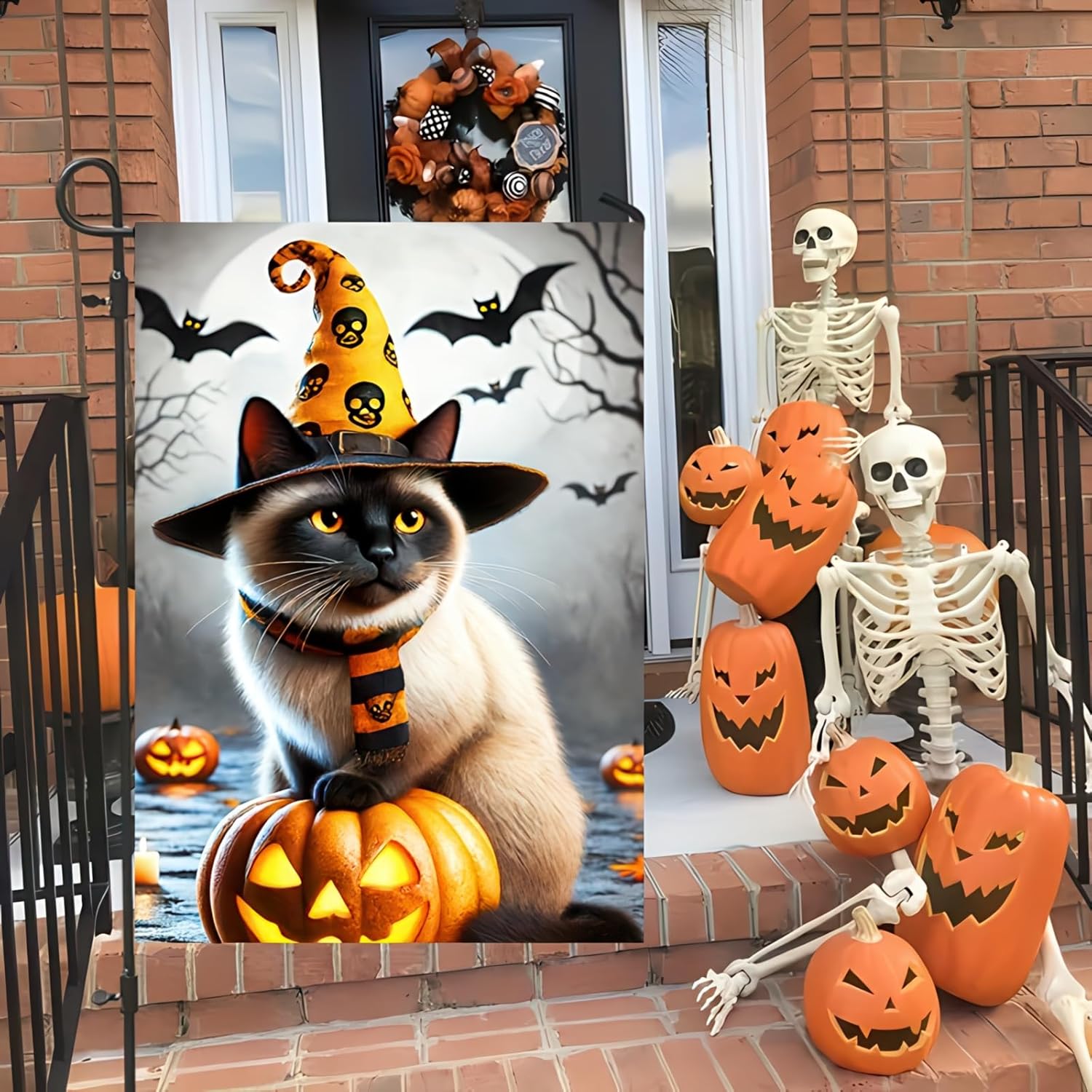 Halloween Garden Flag 12x18 Double Sided Witch Cat Garden Flag Welcome Halloween Bats Full Moon Pumpkin Flag for Outside Decor Holiday Outdoor DecorationsYard Home Banner - Image 3