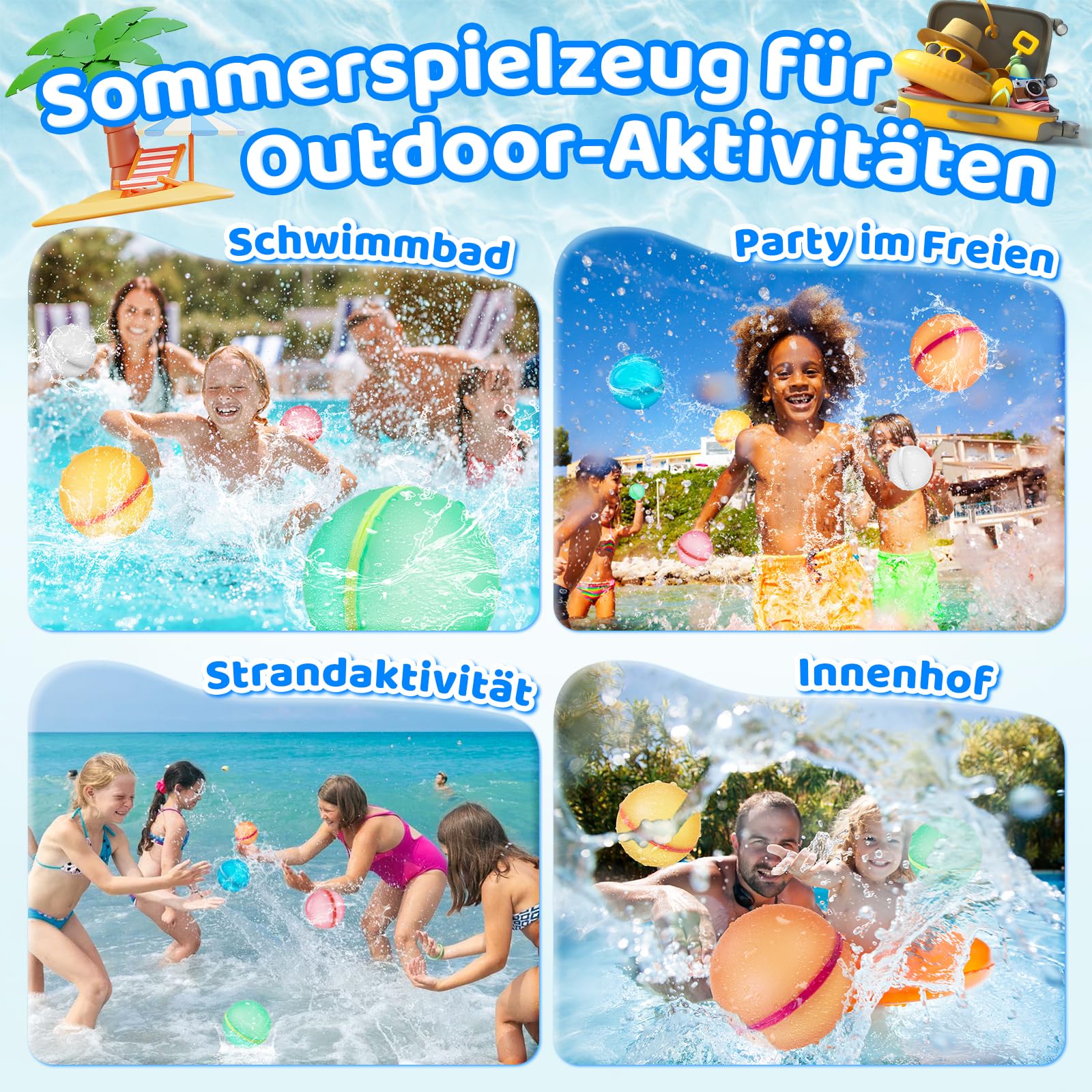 12 Stück Wasserbomben Wiederverwendbar, Selbstschließende Silikon Wasserbomben mit Mesh Tasche, Wasserbombens Set, Geeignet für Kinder, Erwachsene, Strand, Poolparty