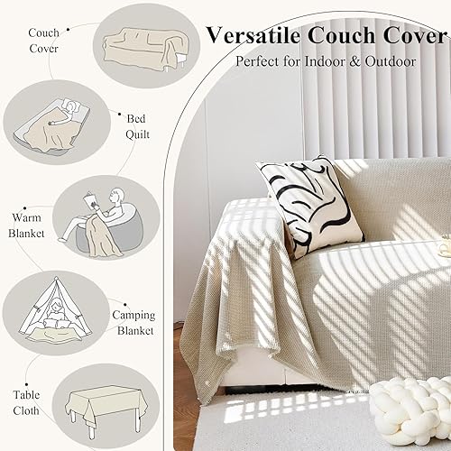 Miniatura 3 de VClife Funda de sofá bohemia de felpilla suave para sofá de 2 a 3 cojines, protector de futón a rayas beige y caqui simple para perro, protector de