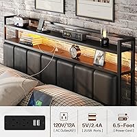 Vista 5 de CollaredEagle Base de cama tamaño Queen con cabecero, marco de cama de metal con estación de carga y luces LED, cama resistente con estantes