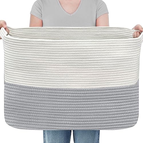 Miniatura 9 de Caja de juguetes extragrande, 23.6" x 15.7" x 14.1" cesta rectangular para mantas para sala de estar, cestas de cuerda de algodón tejida para Rayas