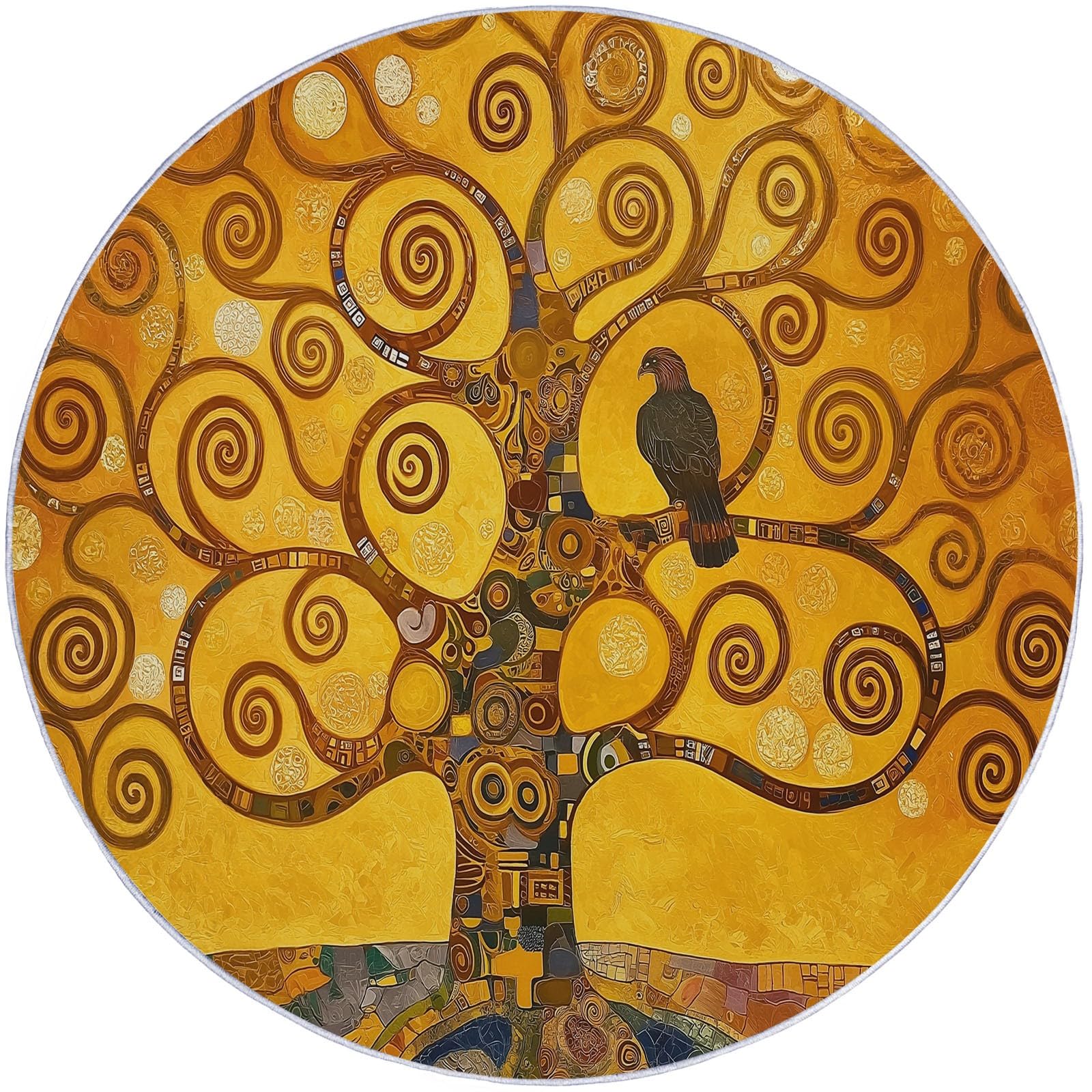 Large Round Area Rugs for Living Room 100 cm Abstract Tree Of Life Oil Painting Style Pattern Circle Carpet Rug Non Slip Machine Washable Bedside Floor Rug for Bedroom Kitchen Home Decor, Gold Yellow — image 1