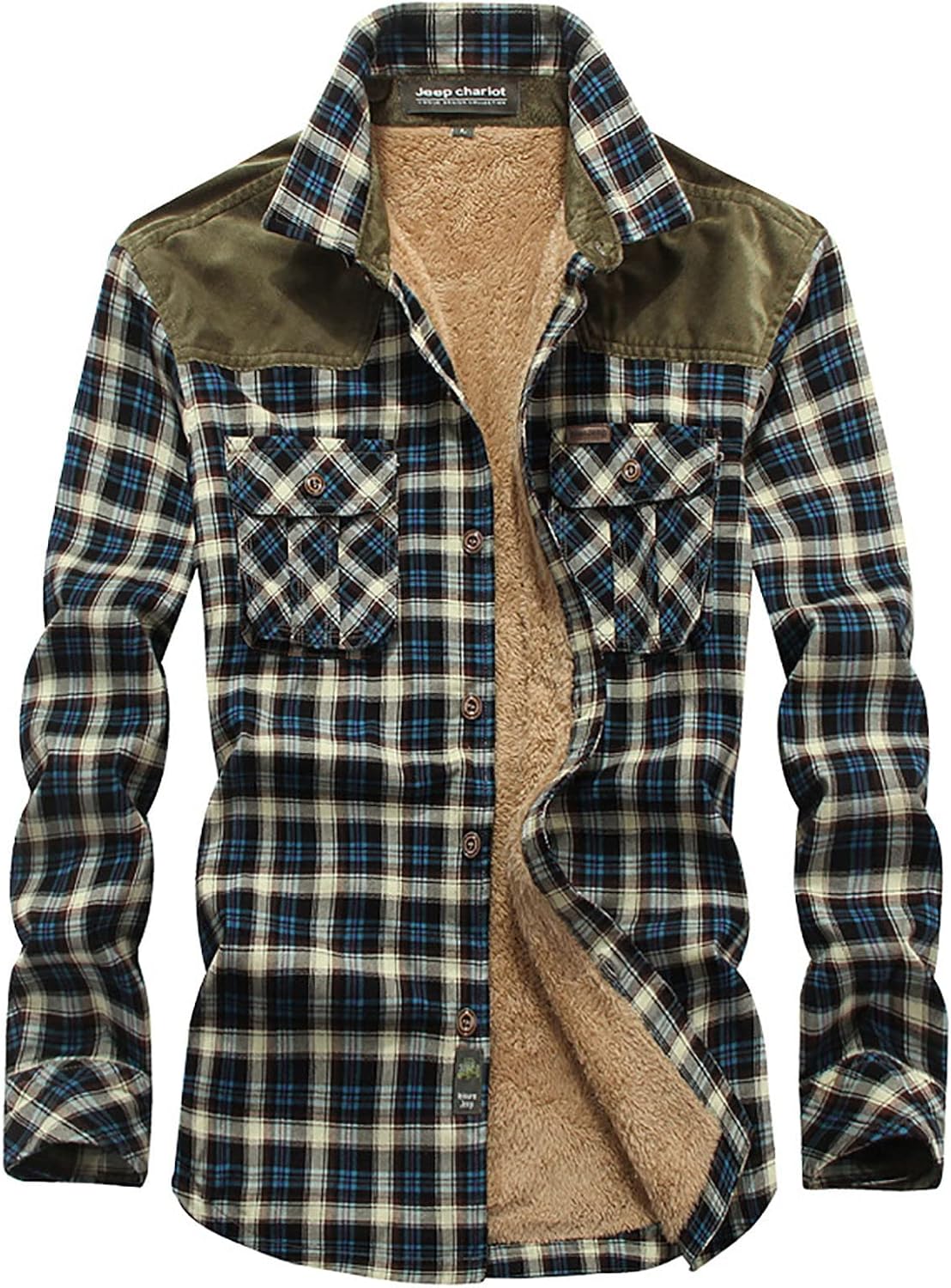 Men's Outdoor Casual Fleece Sherpa Lined Flannel Plaid Shirt Jacket Long Sleeve Thicken Thermal Shirt Tops