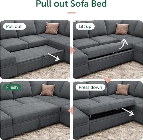 Miniatura 6 de HONBAY Sofá modular modular con cama extraíble, sofá cama de felpilla con asientos de almacenamiento, otomano, sofás seccionales en forma de U para