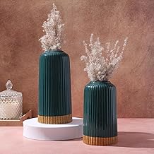 Ribbed Design Ceramic Flower Vase for Living Room, Flower Pots for Artificial Flower, Home Decoration Item, Home Decor, Vases for Home, Office, or Gifts VASE ONLY NO Flowers - (Green, 6 & 8 Inch)