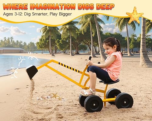 Miniatura 7 de Albott Excavadora de arena manejable con grúa de juguete, rueda de 20.32 cm y asiento giratorio de 360° (Amarillo)