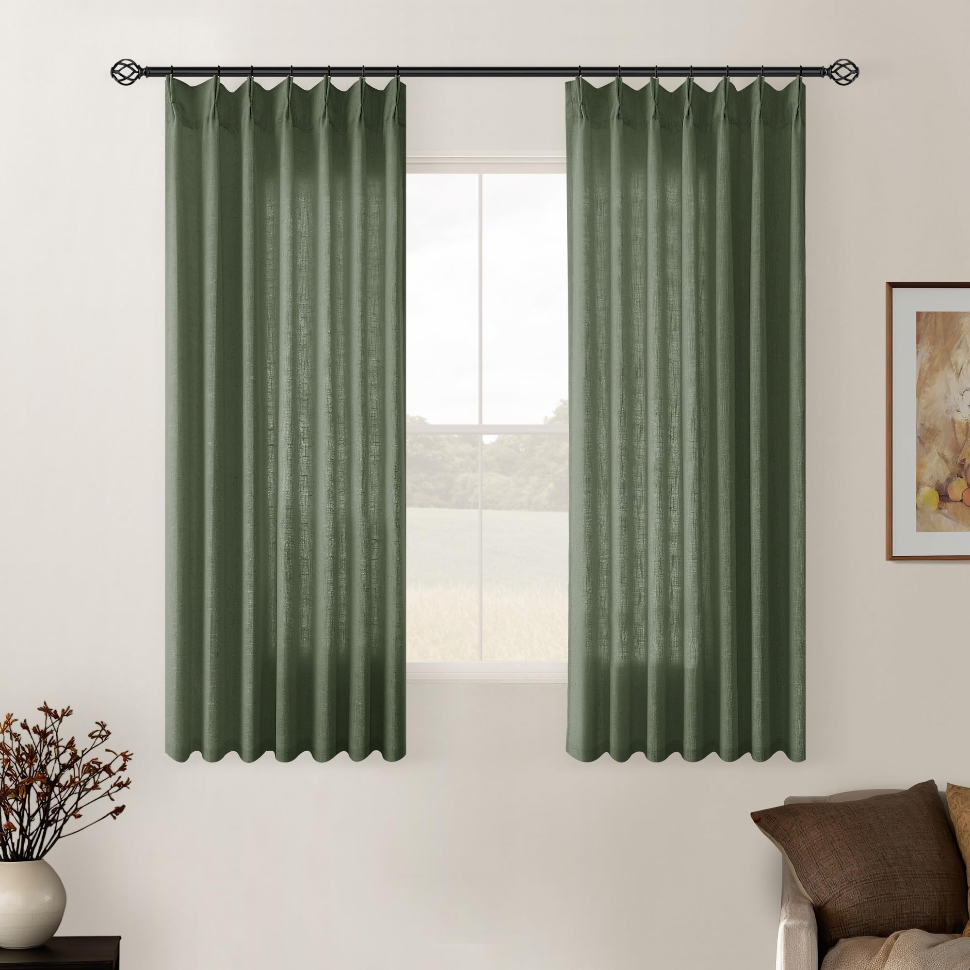 Olive Green Pinch Pleat Linen Semi Sheer Curtains 45 Inch Length 2 Panels