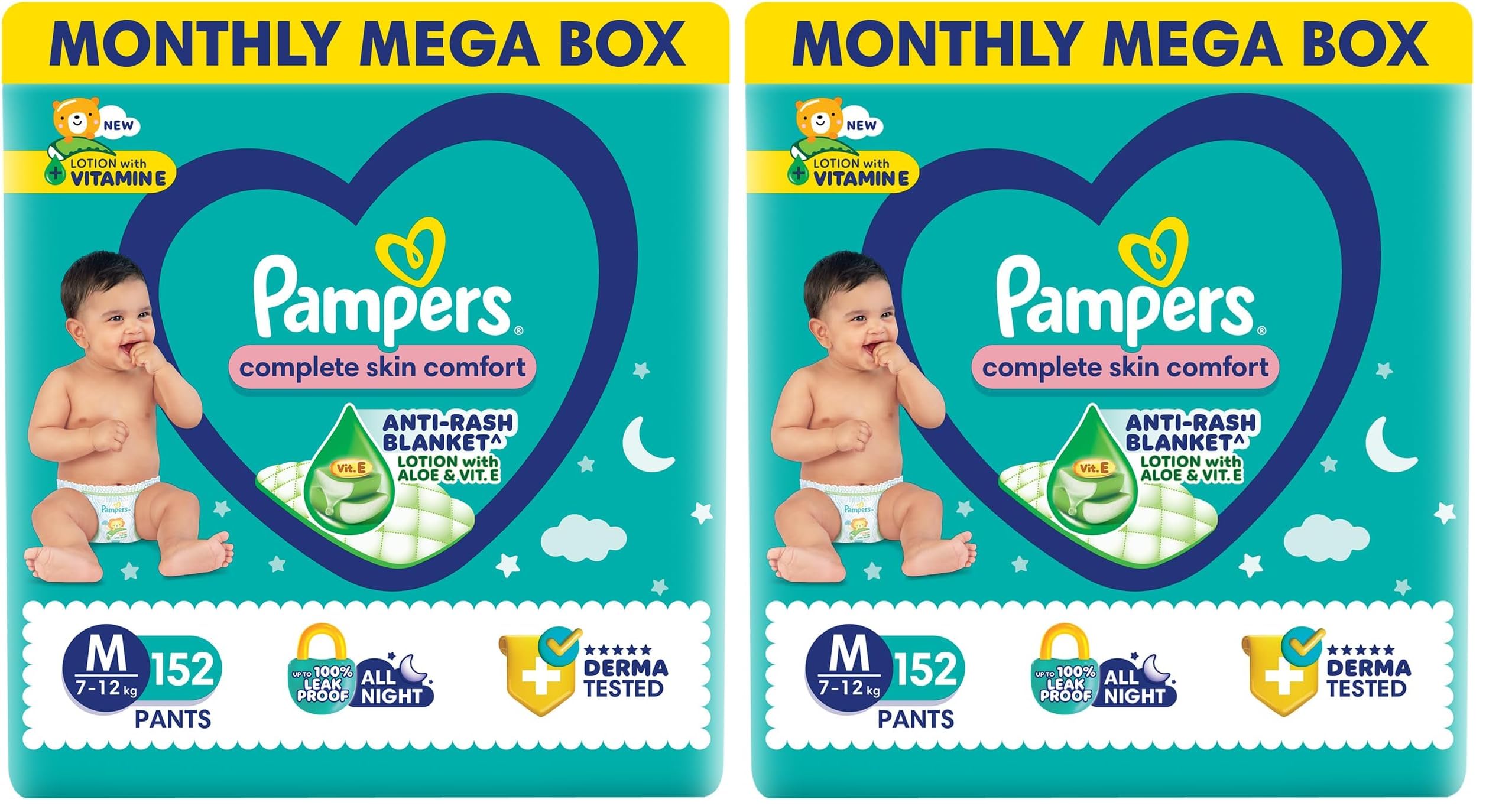 Pampers Complete Skin Comfort Pants| Pant style Diaper Medium, 152 count| Anti-Rash blanket lotion with Vit E and Aloe Vera | All night protection with leak proof technology(76 Count, Pack of 4)-picture-12