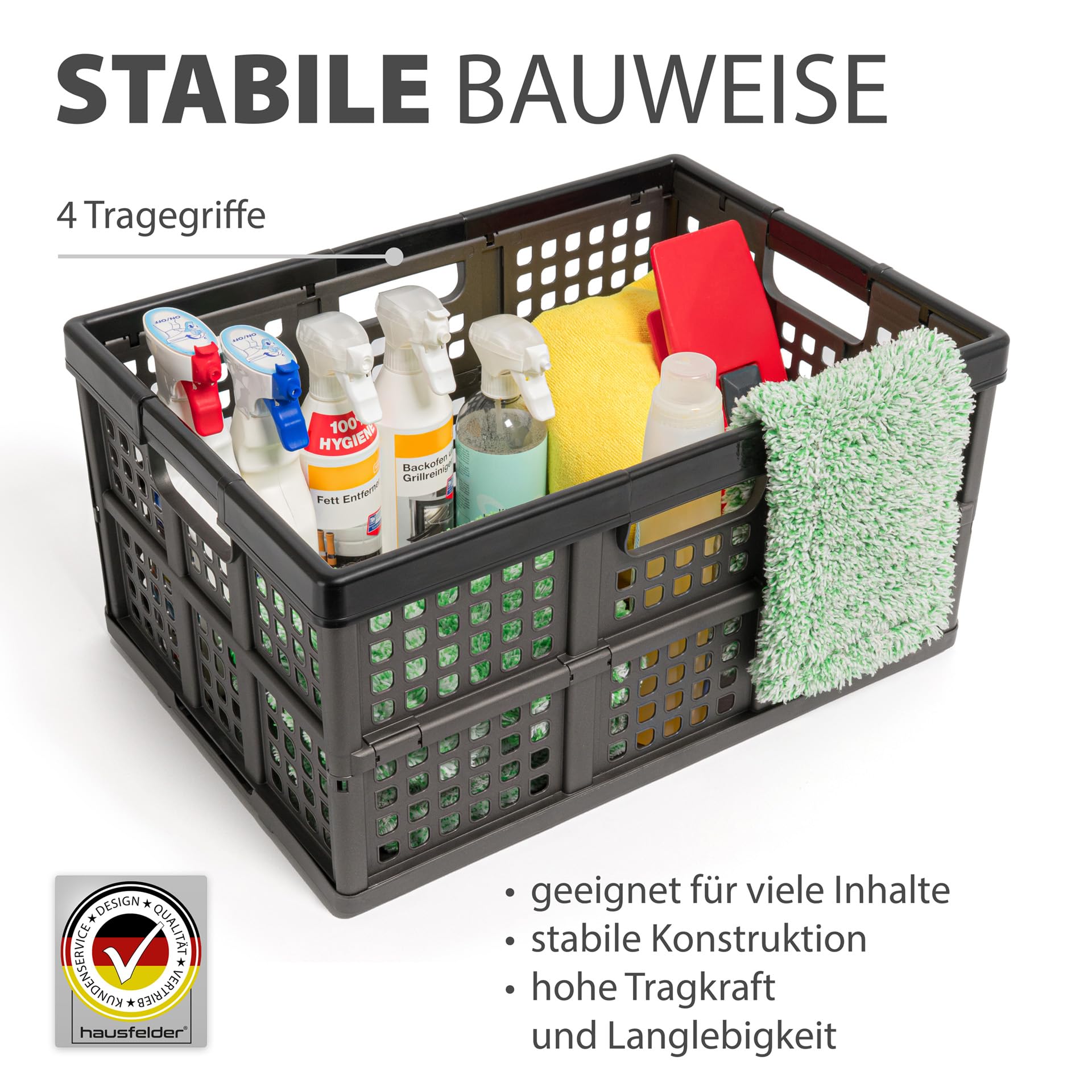 Hausfelder Klappbox faltbar 45 l, 1er Set, Schwarz | Faltbare Klappkiste & Einkaufskorb aus Kunststoff, stabil, für Auto und Haushalt, Anthrazit-Schwarz, 45 l