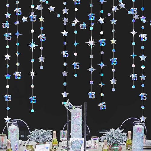 Decoraciones iridiscentes de cumpleaños número 15 con lunares circulares y estrellas, guirnalda metálica para colgar en el fondo para niñas y niños,
