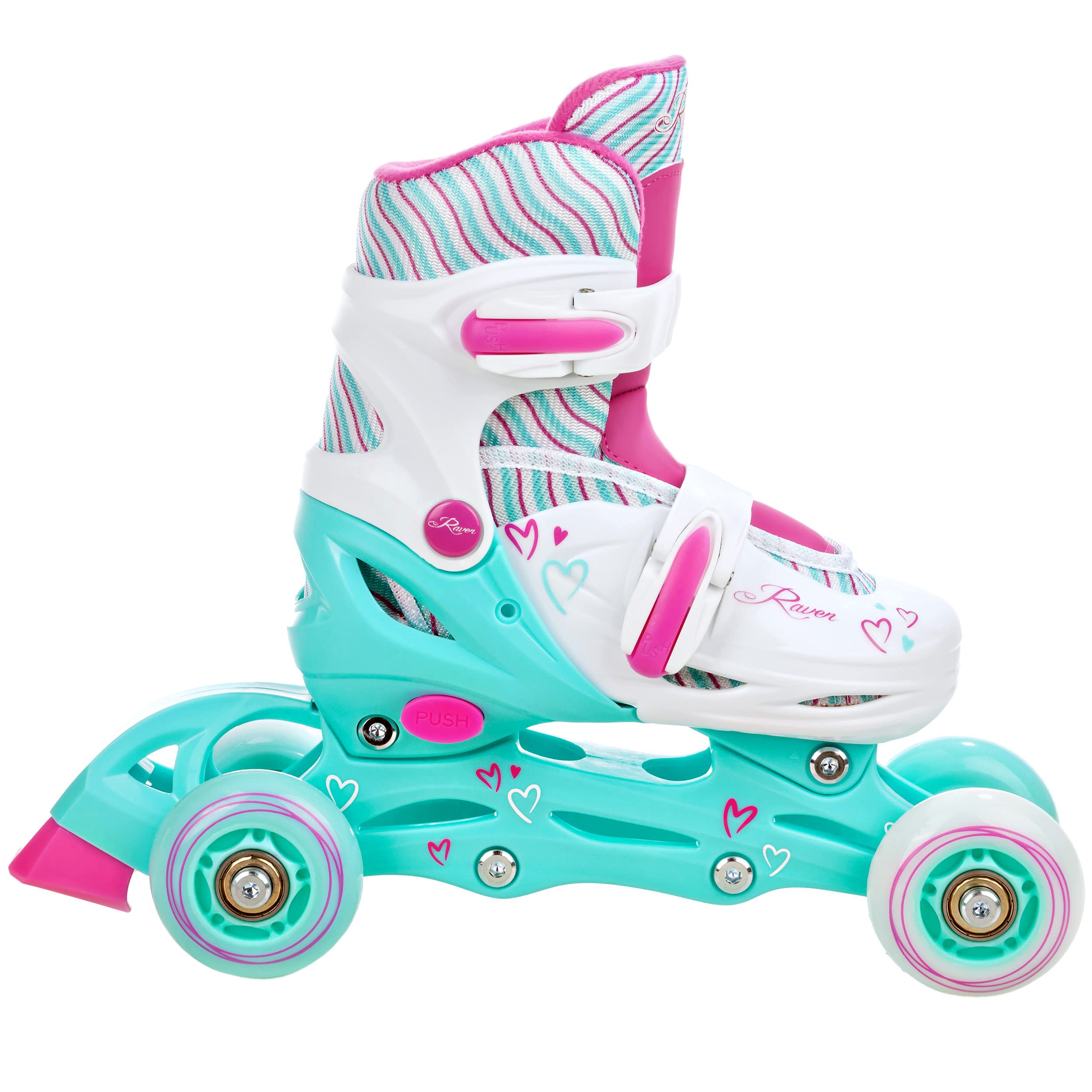 Raven - Roller en Ligne Loret Roues LED du 27 au 30 + Patin à Roulette + Patin à Glace + triskate Enfant Mixte Taille Ajustable Menthe/Rose Raven