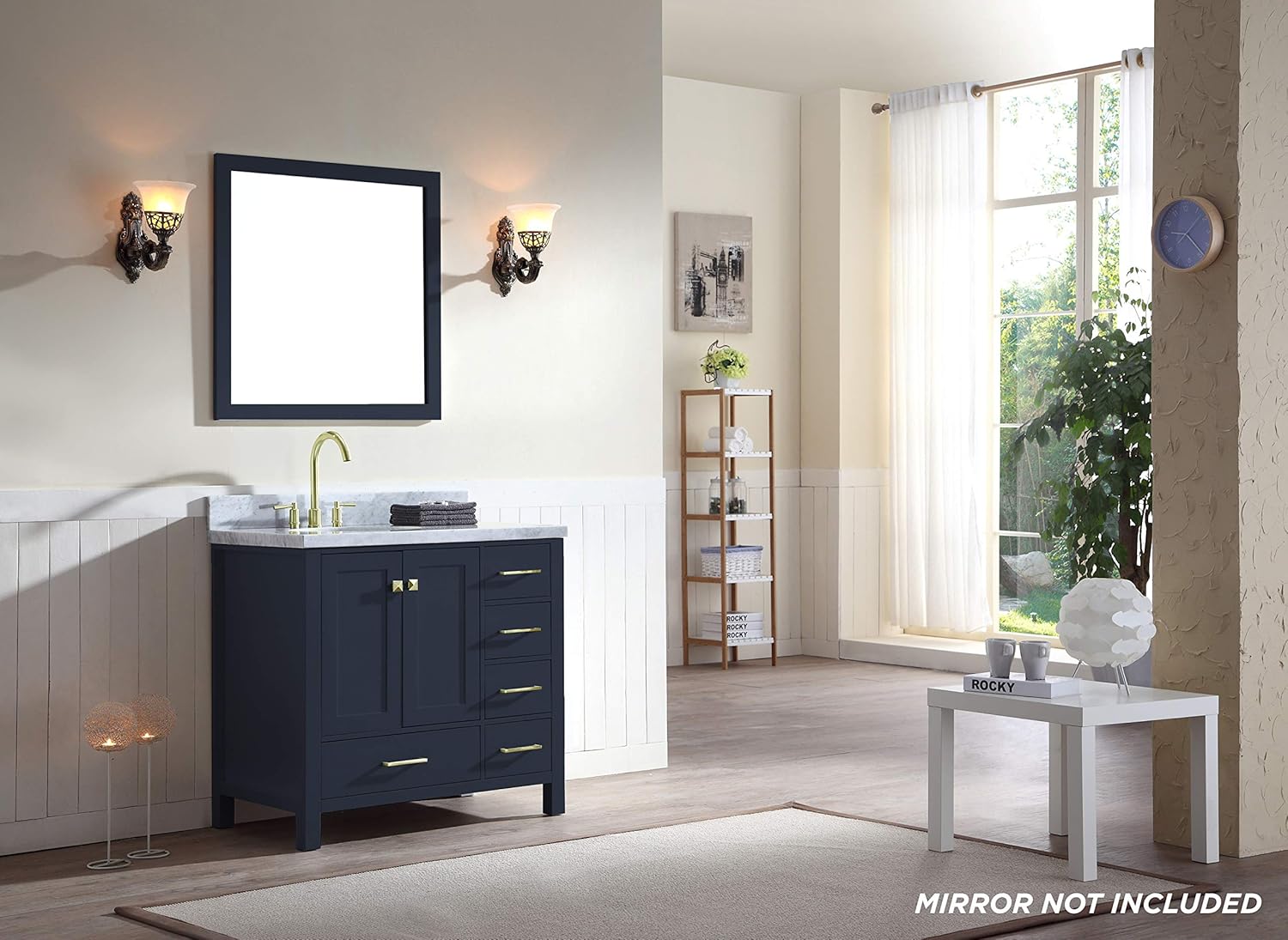 ARIEL Cambridge A037S-L-VO-MNB 37" Inch Single Left Offset Round Oval Sink Solid Wood Midnight Blue Bathroom Vanity Cabinet with 1.5" Inch Edge White Carrara Marble Countertop and Backsplash