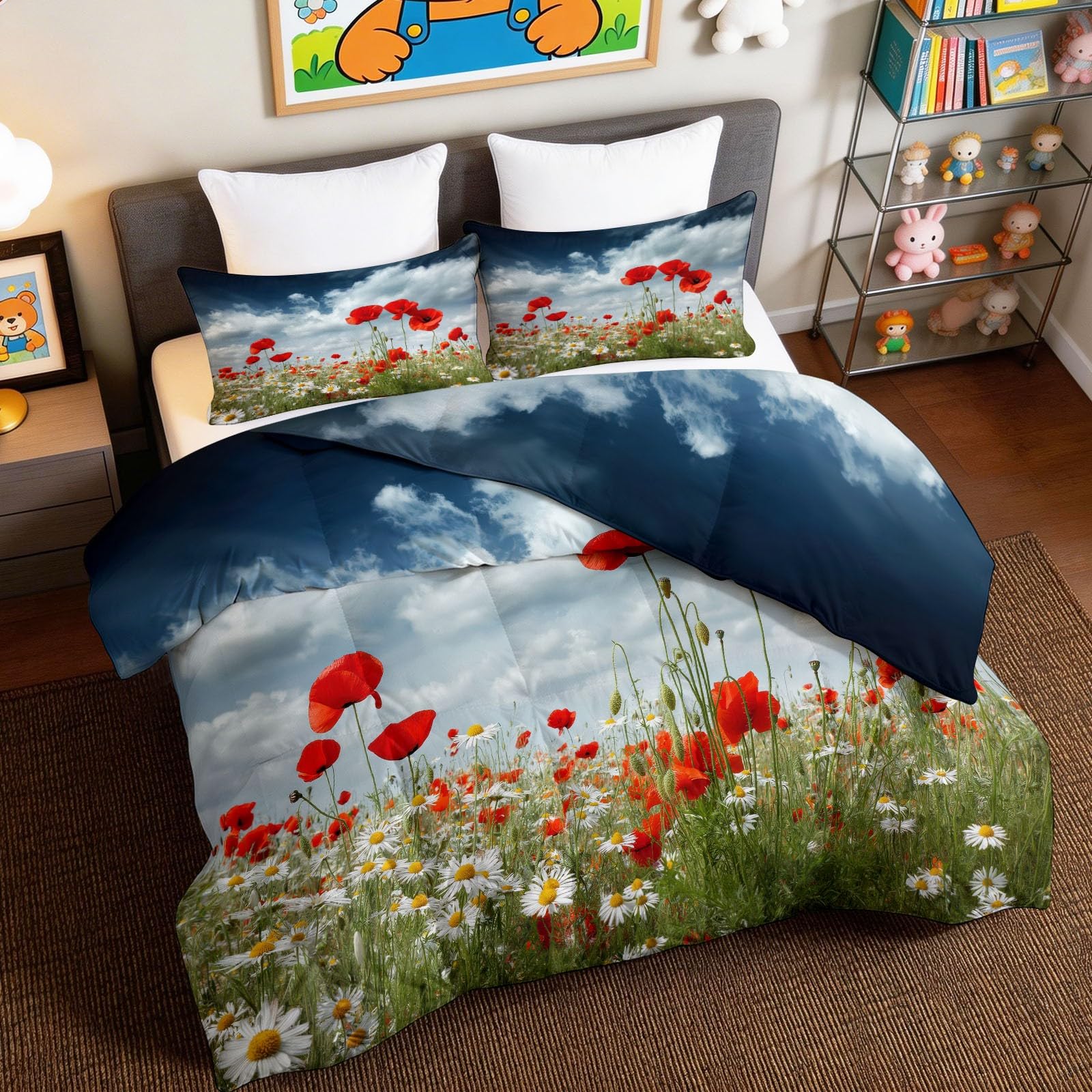 3-teiliges Steppdecken-Set 135 x 200 cm - Atmungsaktive Ganzjahresdecke Steppdecke, Wendedesign Bettdecke mit 2 Kissenbezügen - Pflegeleichte & Weiche, Mehrfarbig Natur Landschaft Blumen Feld