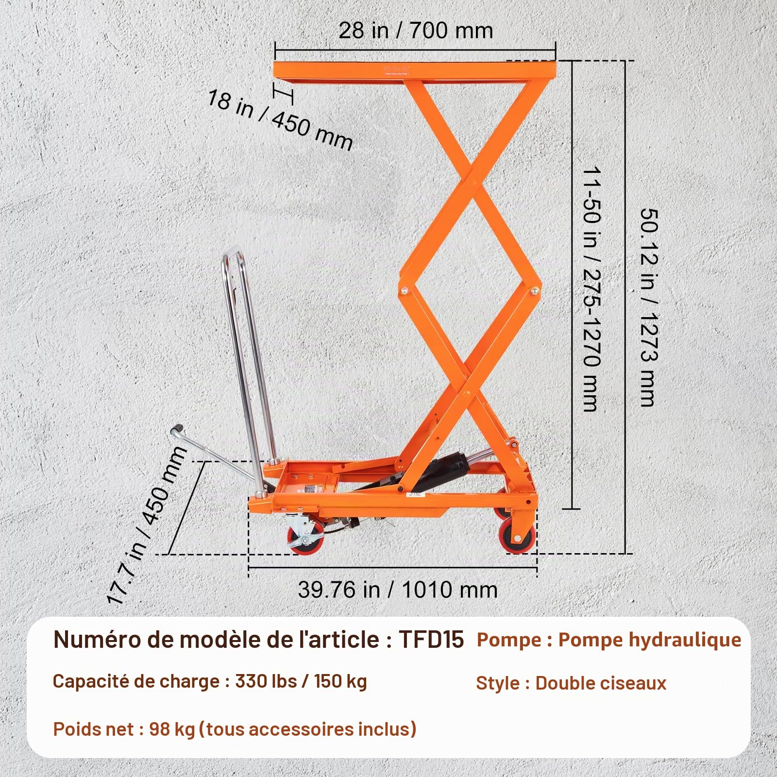 VEVOR Chariot à Table Élévatrice Hydraulique Capacité Charge 150 kg Chariot Élévateur Manuel à Double Ciseaux Hauteur Levage 1270 mm 4 Roues Coussin Antidérapant pour Manutention Transport Matériaux