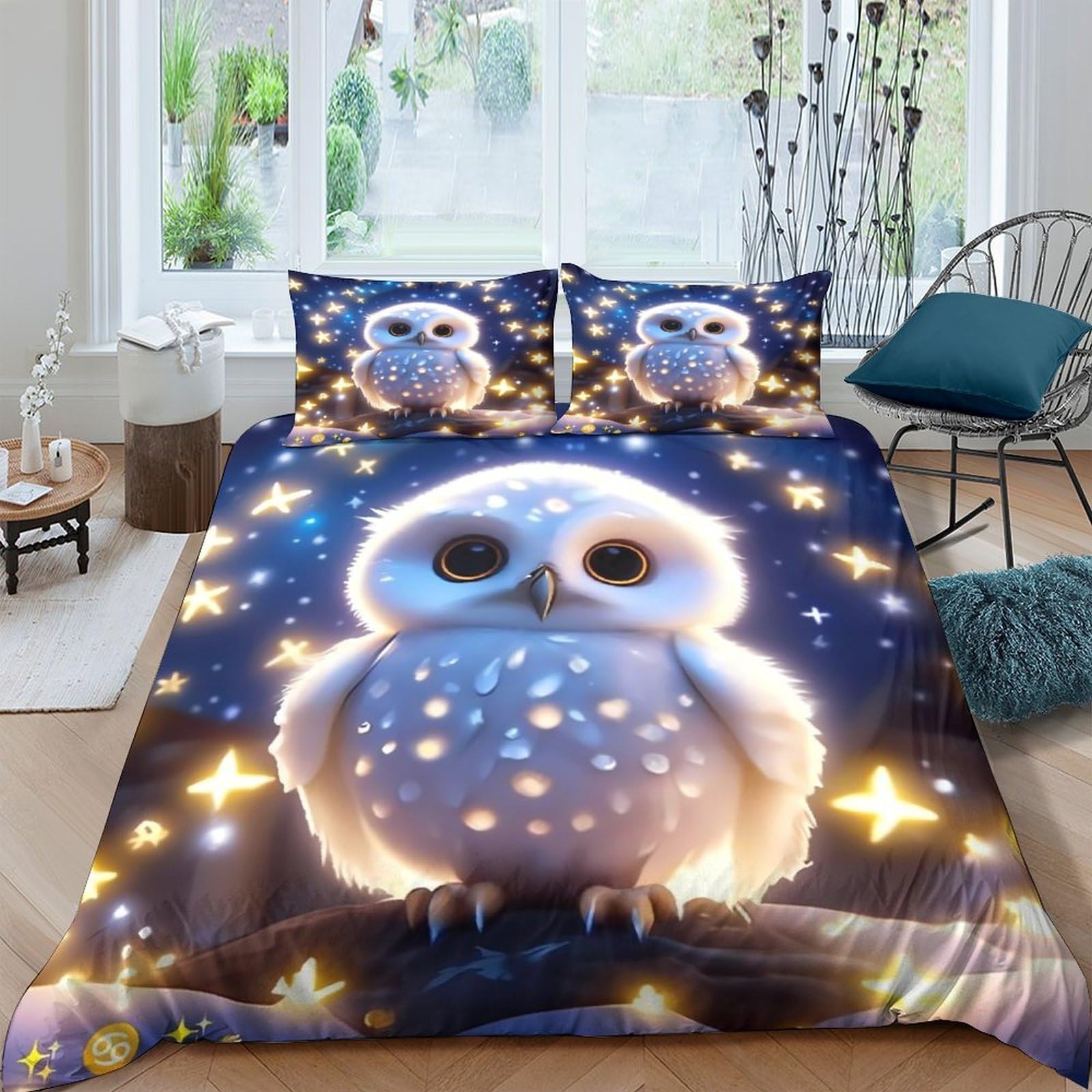 Ctjqhvkz Style-1 3D Printed Cute Owl Starry Night Fitted Sheet Microfiber Soft Breathable Cartoon Mattress Cover Bedroom Decor Single（135X200cm）