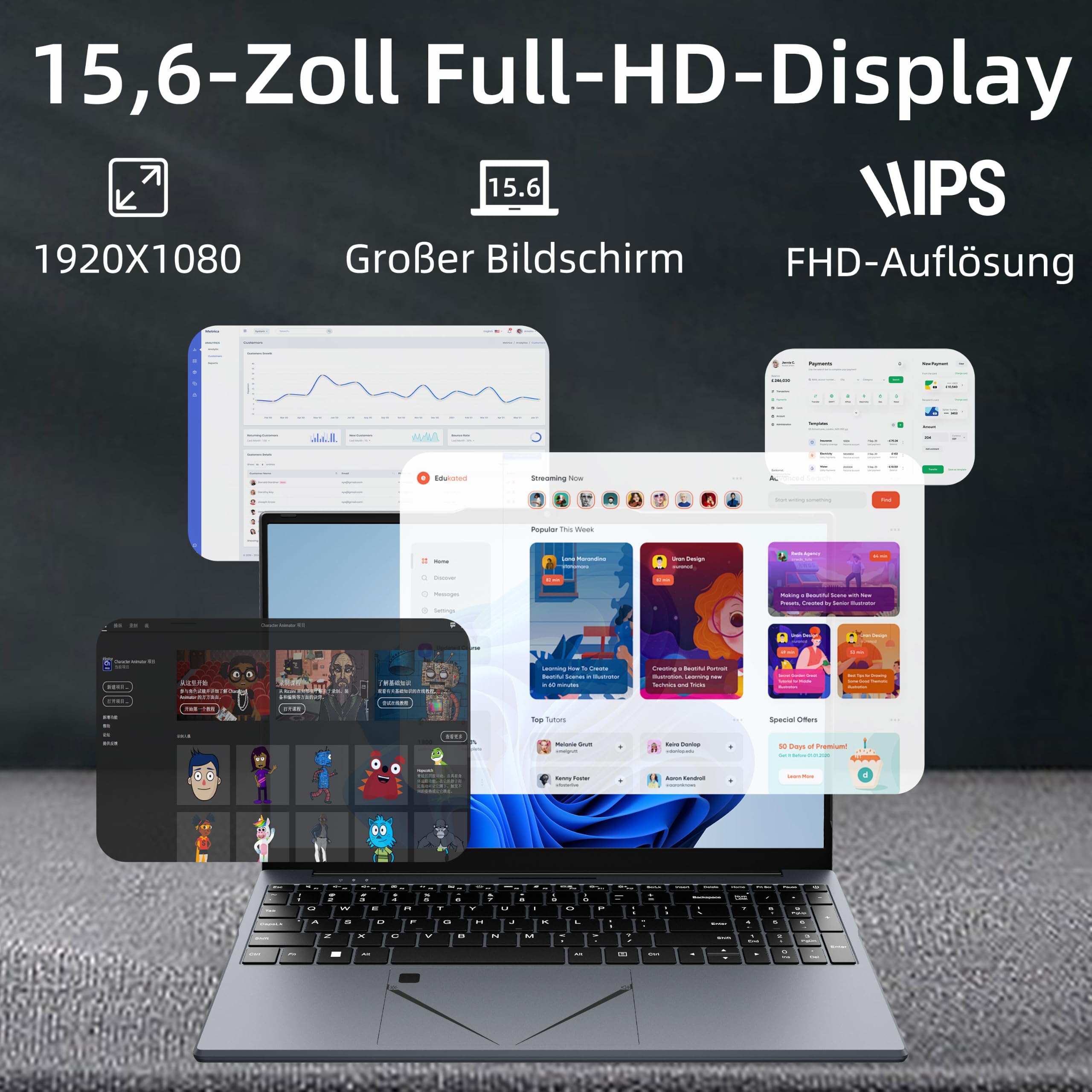 Amita Laptop 15,6 Zoll Full HD, Ryzen 5 3500U, 16 GB RAM, M.2 SSD, Notebook mit Nummernblock, Kameraabdeckung, Touchpad mit Schnellsteuerung für Lautstärke&Helligkeit (16GB+450GB)