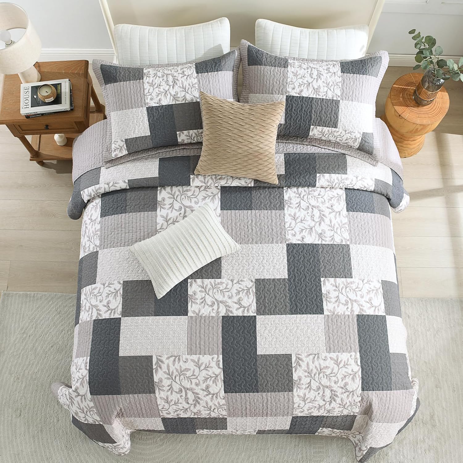 Finlonte King Quilt Bedding Set - 100% Cotton Quilts, Plaid King Size Quilt, Farmhouse Botanical Quilt Sets, Lightweight Bedspread Coverlet for All Seasons, 3 Piece, 98"x106" - Image 8