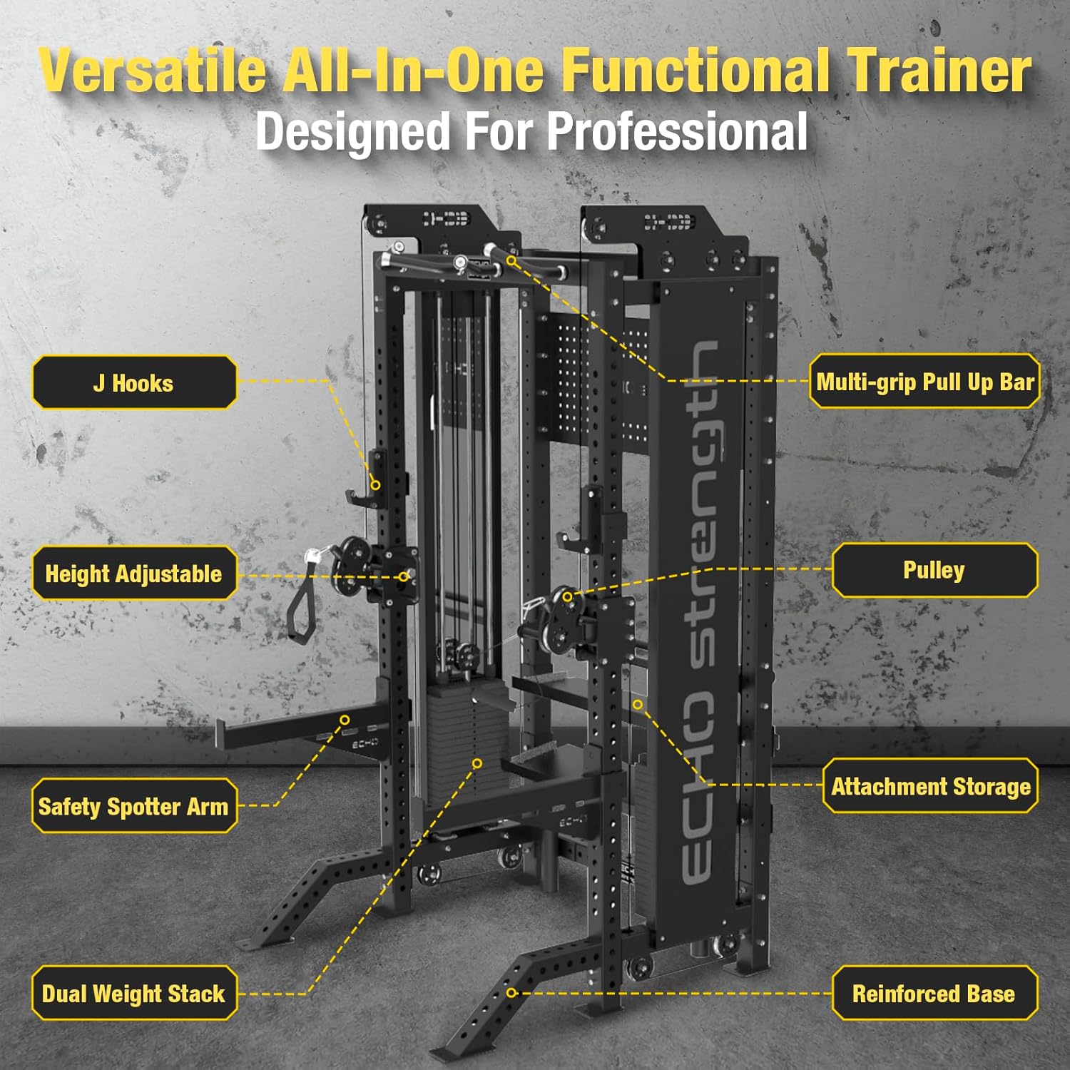 Commercial Functional Trainer Cable Machine with Dual Weight Stacks, Power Cage Squat Rack, Dual Cable Crossover Machine with Pulley System