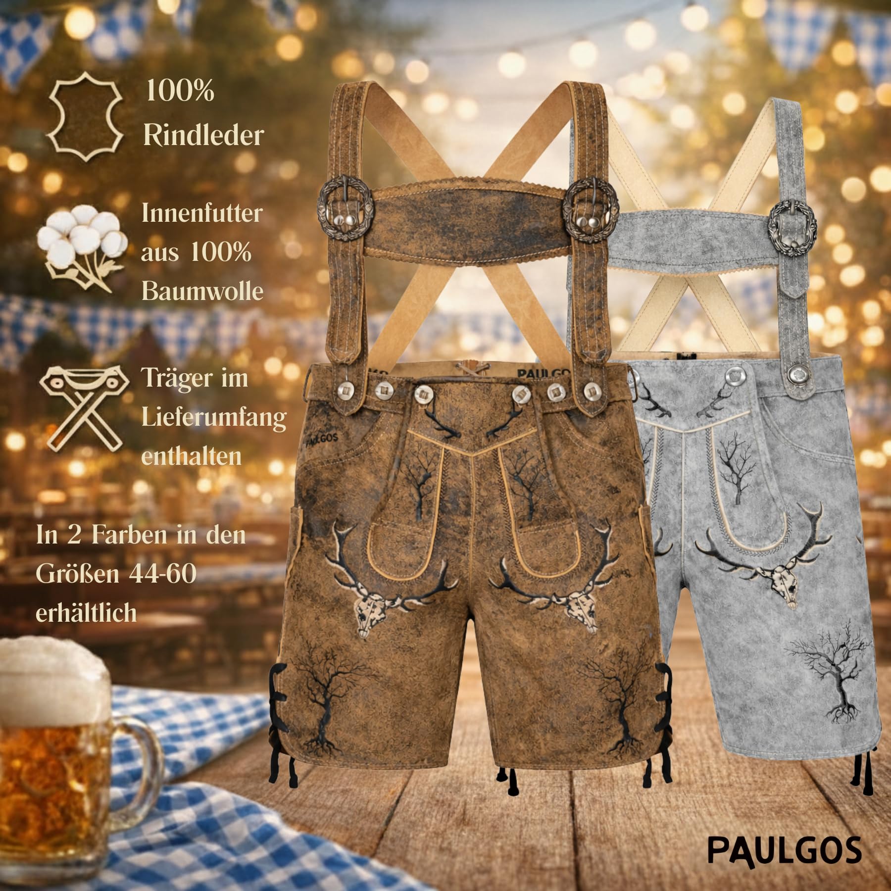 PAULGOS Herren Trachten Lederhose HK6 Antik + Träger, Echtes Leder, Gr. 44-60