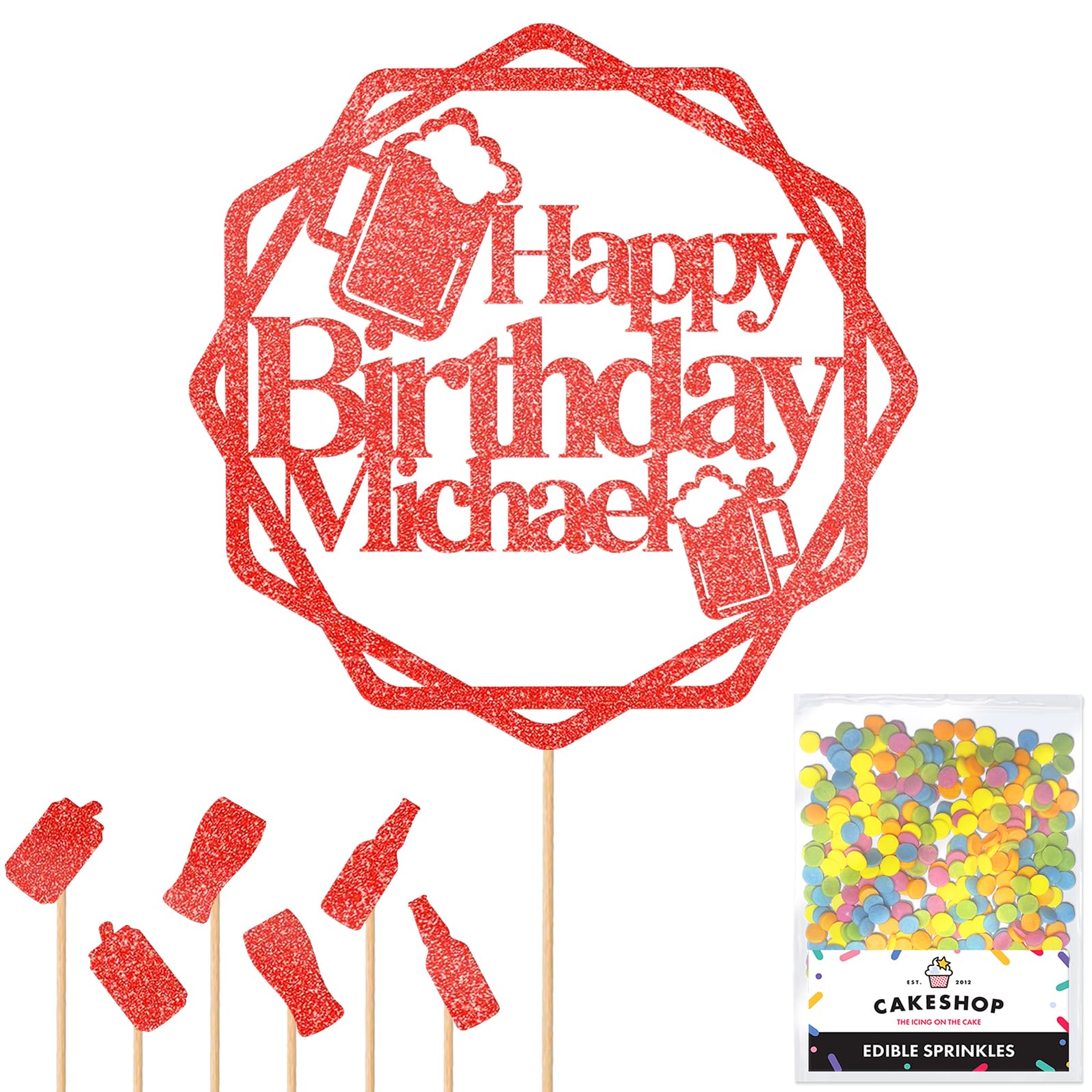 Personalised Cheers Lager Ale Beer Glitter Cake Topper - Red Custom Age Glitter Cake Decoration and Sprinkles - Happy Birthday Decorations - Personalised Toppers for Cakes by Cakeshop