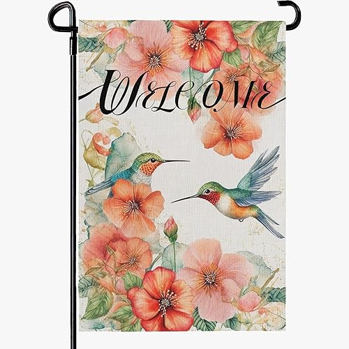 Miniatura 10 de Banderas de jardín de hortensias de bienvenida para primavera y verano, impermeable, bandera de jardín floral azul para exteriores, flores