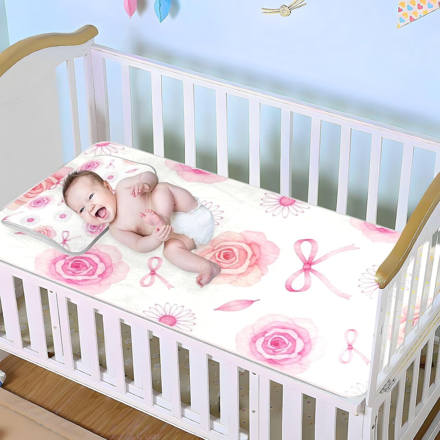 Cute Pink Rose Daisy Cooling Baby Mattress Protector pad 28" x 52" Reusable Mattress Protector Pads for Baby&Toddler