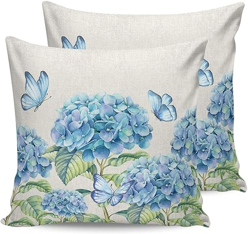 Miniatura 1 de Juego de 2 fundas de almohada de granja para exteriores, diseño de flores de hortensias azules, mariposas, decorativas, impermeables, acuarela