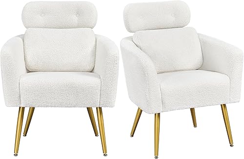 Yaheetech Silla decorativa, acogedora silla de sala de estar con reposacabezas ajustable, silla de tocador Boucle con almohada lumbar y patas