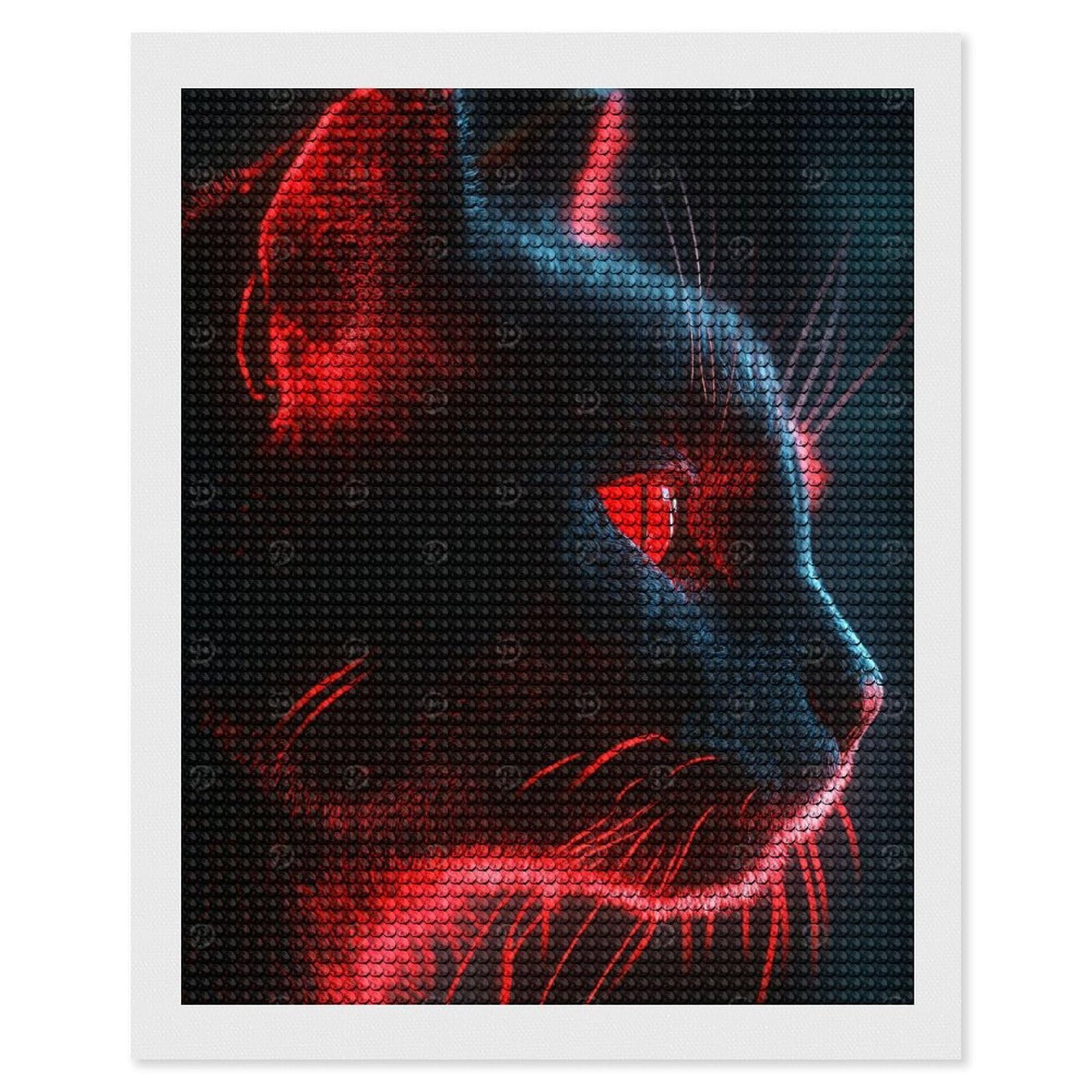 Junmoney Neon Lit Black Cat Portrait Diamond Painting Kit 16"x20", Festive Craft Gift, Bedroom Decor, Full Kit Included, Creative Gift Idea