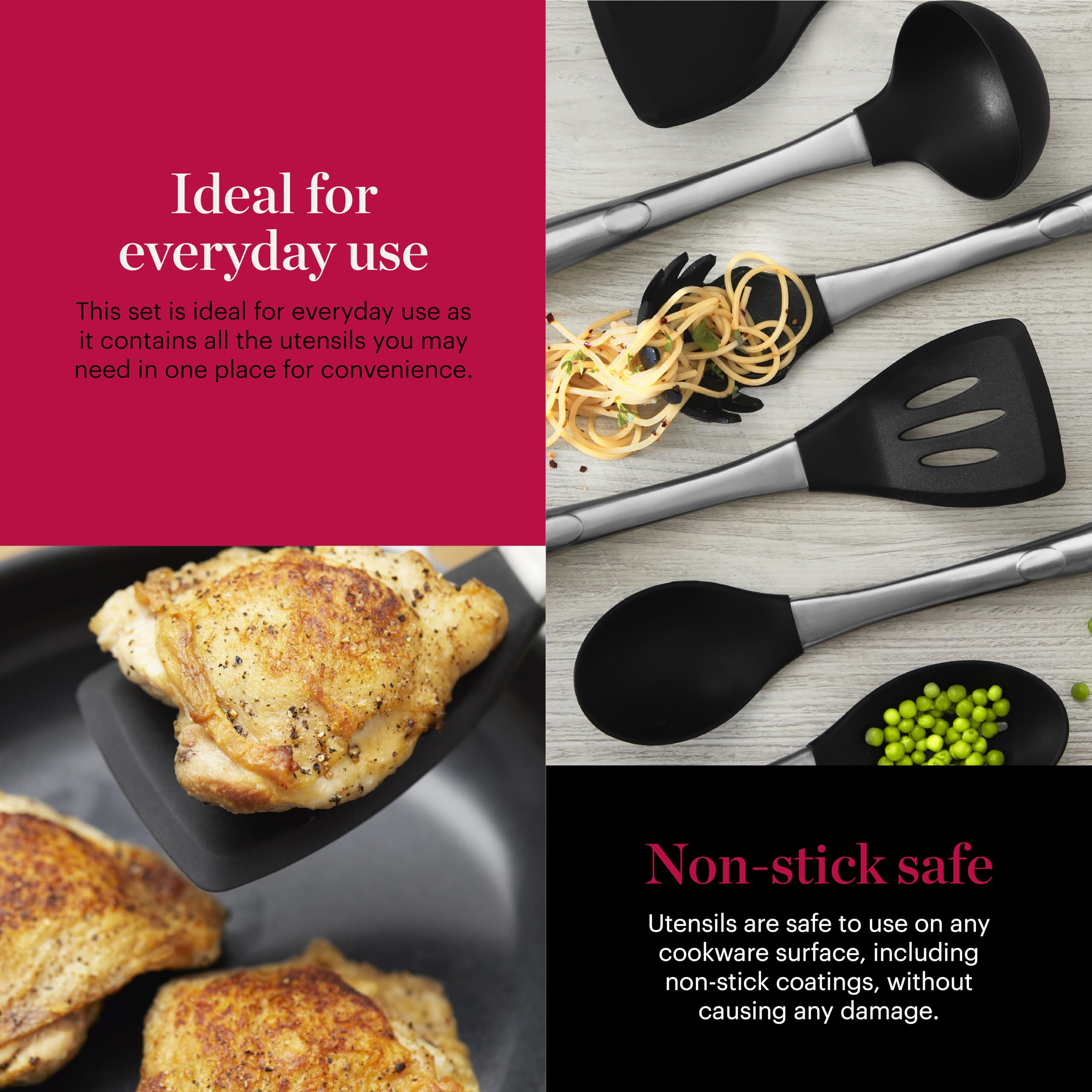 Good Food in partnership with TOWER GF832252 Crea deliciosas comidas para toda la familia con este versátil juego de utensilios de 6 piezas, silicona, acero inoxidable, color negro