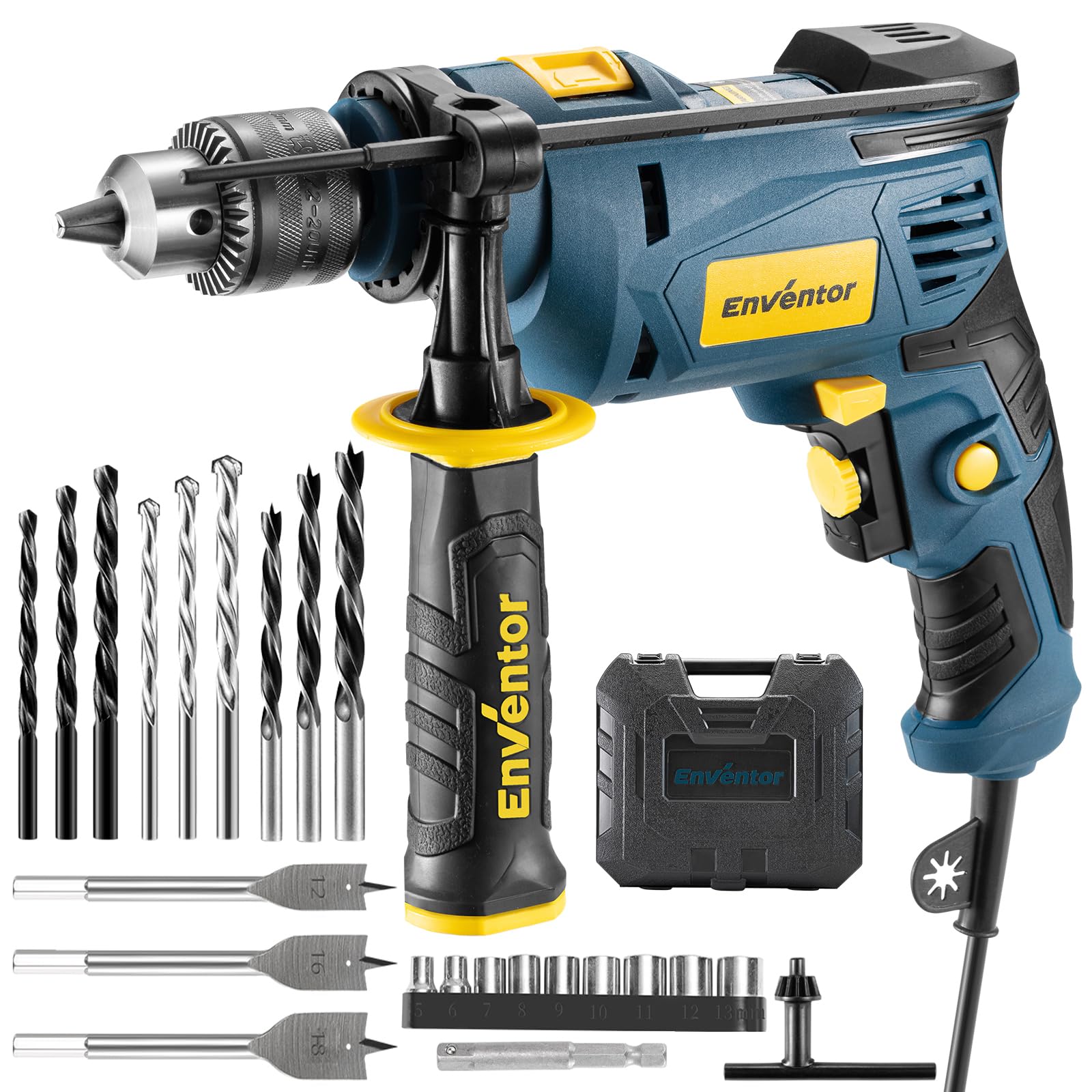 Enventor Hammer Drill, 750W 0-3100RPM Electric Corded Hammer Drill, Variable Speed, 13mm Chuck, 360° Auxiliary Handle, with 24pcs Accessories for Concrete, Iron Plate, Masonry and Wood