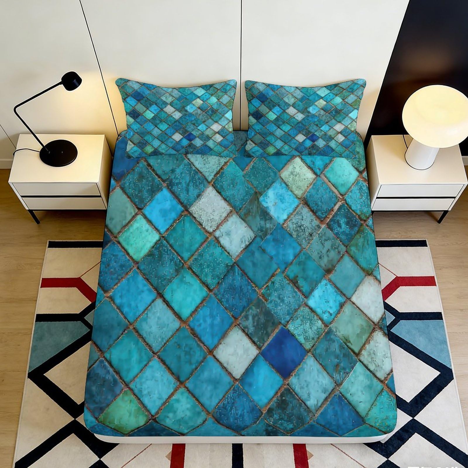 Pnayamiorkfel Style-9 3D Printed Turquoise Mosaic Tiles Fitted Sheet Microfiber Non-Slip Blue Geometric Mattress Cover Bedroom Decor 90X200x25cm