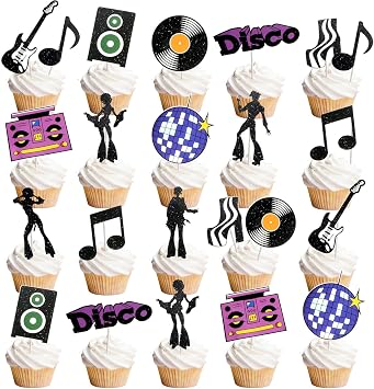 28Pcs Disco Party Cupcake Toppers 1970s Disco Throwback Fever Dance Theme Cupcake Toppers for Retro 70s Boogie 1970s Theme Birthday Hippie Party Supplies