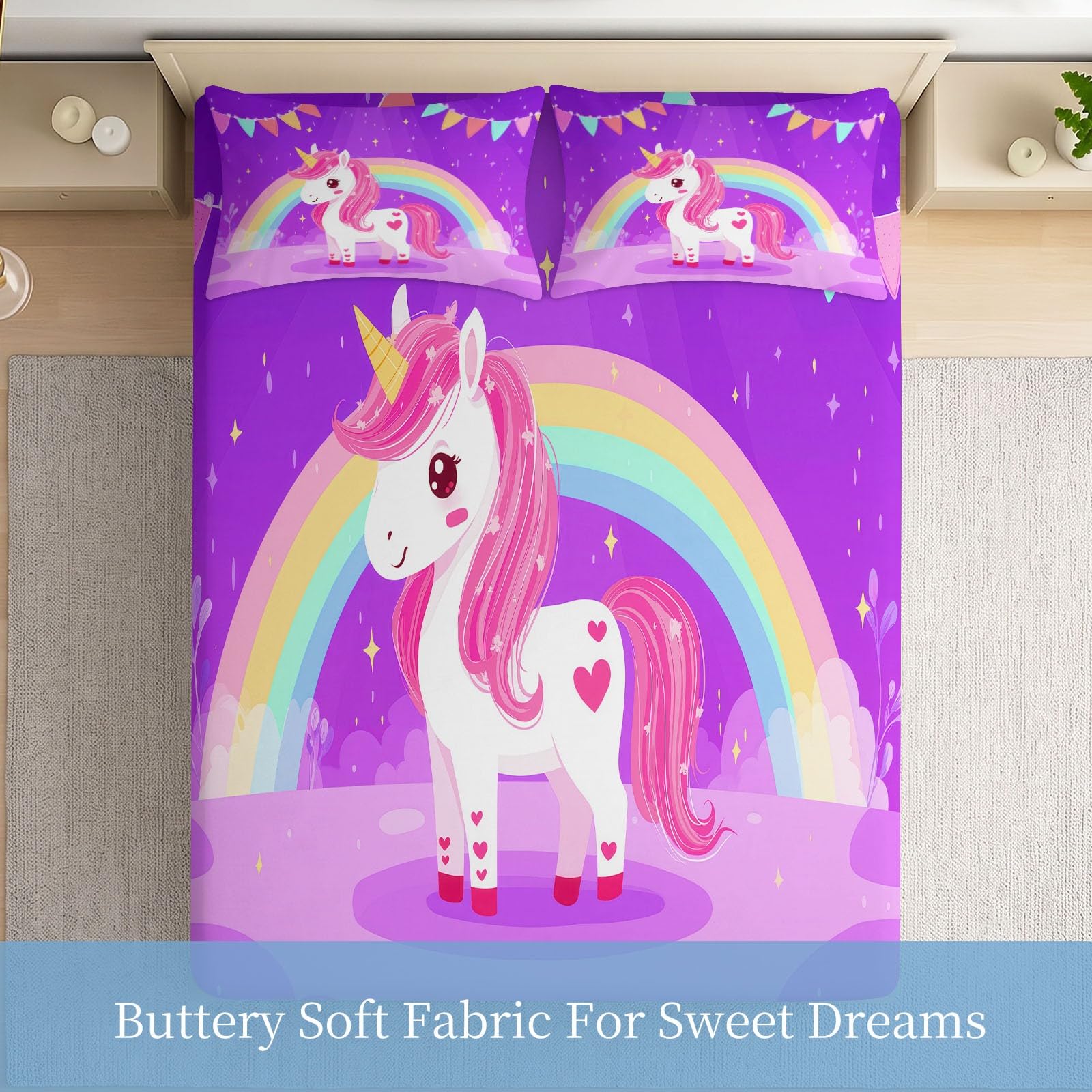 Juego de 3 sábanas bajeras ajustables de 160 x 200 cm para cama juvenil, de dibujos animados, de microfibra transpirable, sábana bajera con diseño de unicornio, arco iris y 2 fundas de almohada con