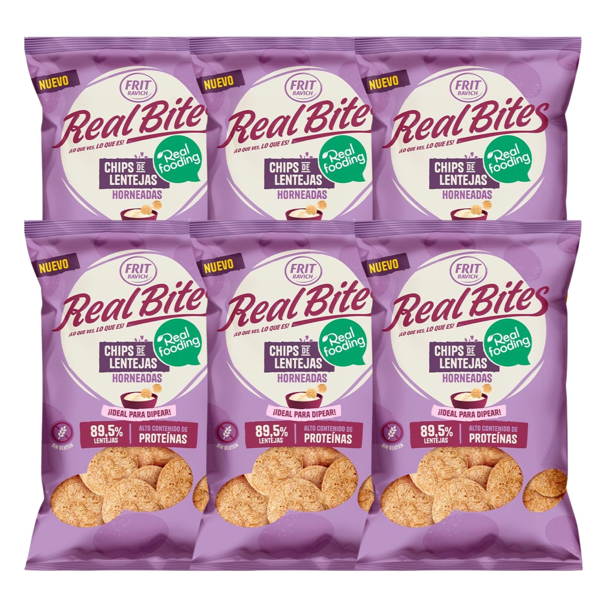 Chips de Lenteja RealFooding - Caja 6 Paquetes - Sabor: Original. 6 Bolsas x 80 gramos. Chips de Lenteja al 86% Horneados - RealBites - Sin Gluten
