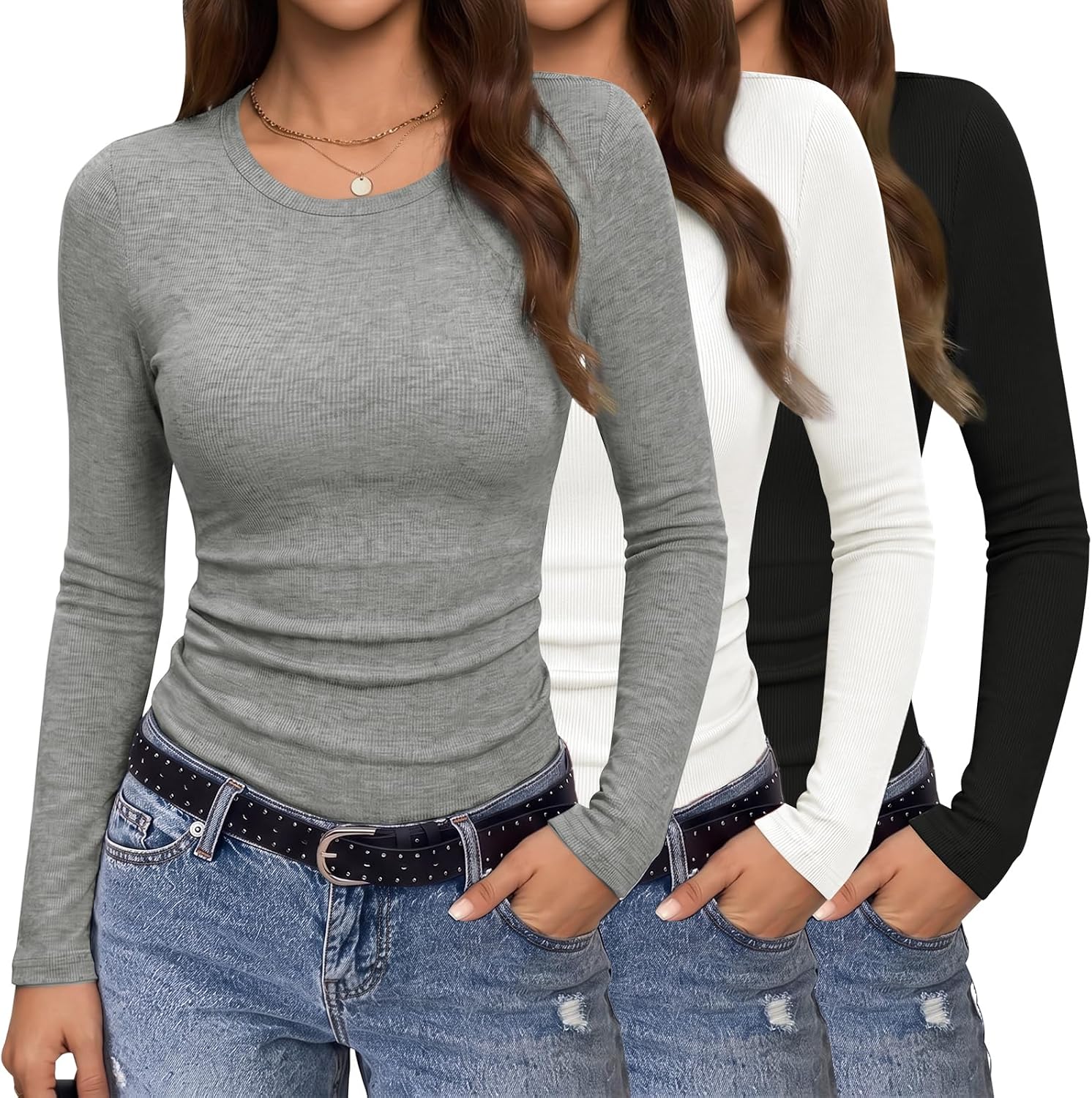 Popclub Women's 3 Pack Ribbed Long Sleeve Shirts Trendy Layering Tops Basic