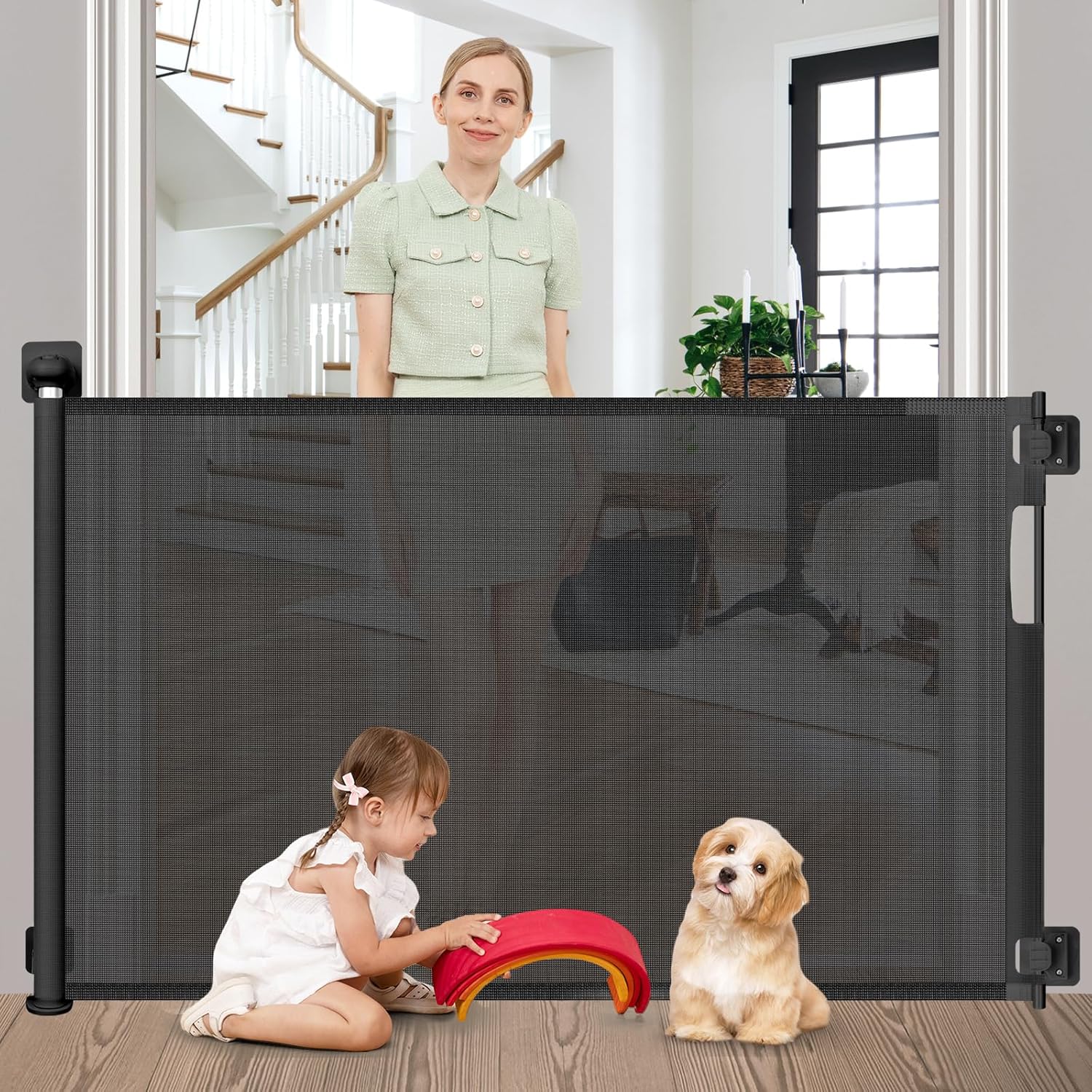 No Drill Retractable Baby Gates for Doorways 59" Wide, Punch Free Baby Gate for Stairs 33" Tall, Retractable Dog Gate for The House No Drilling Mesh Pet Gate Indoor, Black Black 59" Wide - No Drilling