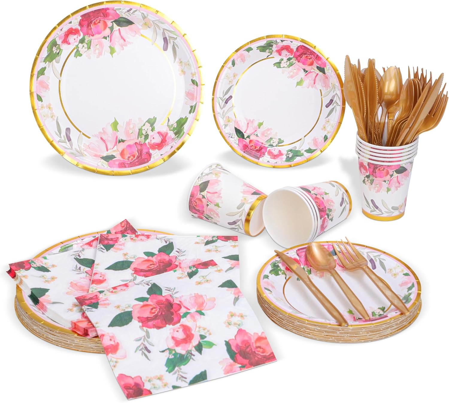 280pcs Floral Paper Plates Napkins Set for 35 Guests | Disposable Party Tableware with Cups Cutlery Straws | Bridal Shower Birthday Wedding Decorations
