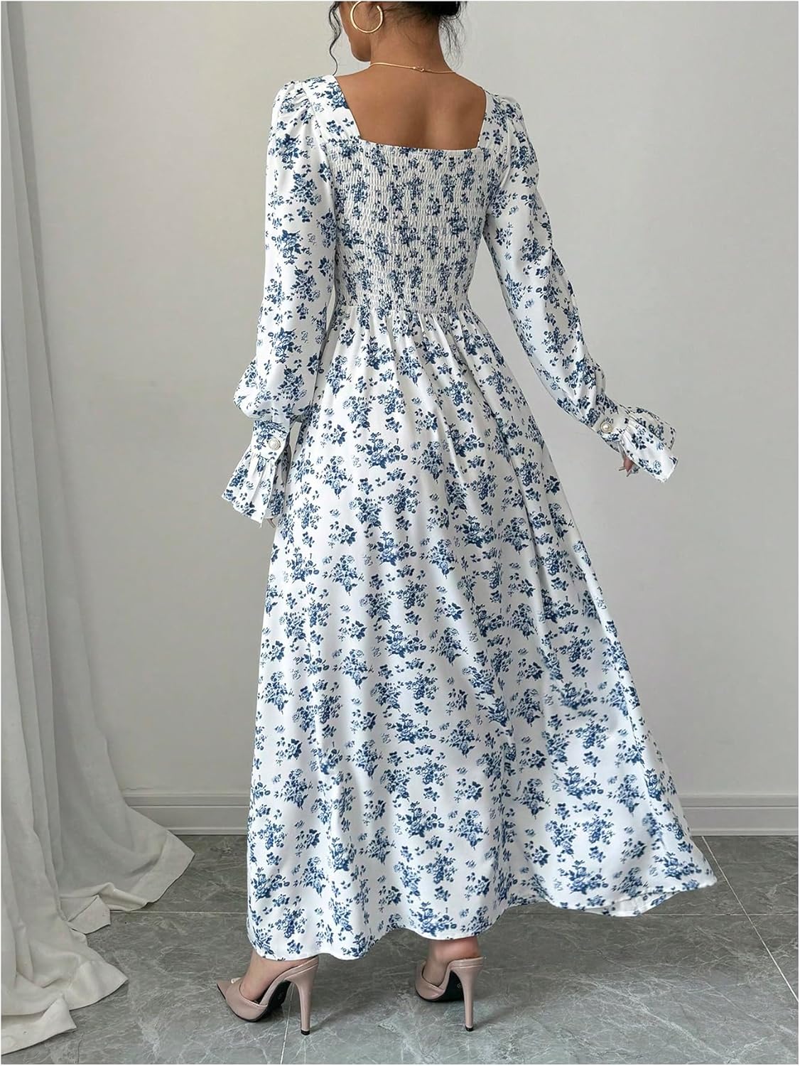 Floerns Women's Boho Floral Long Bell Sleeve Milkmaid Dress Smocked A Line Vacation Maxi Dresses - Image 3