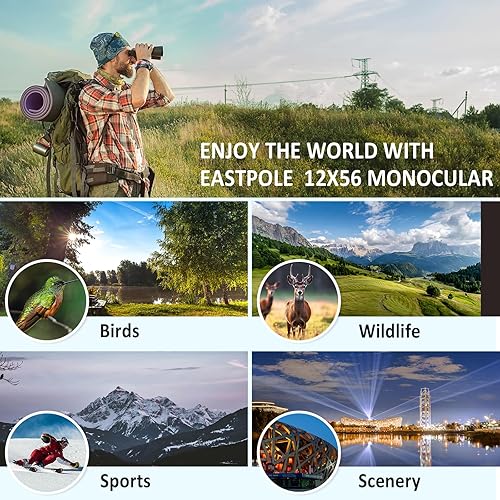Miniatura 7 de Telescopio monocular monocular monocular de alta potencia de 12 x 55 para adultos con adaptador de teléfono inteligente, lente FMC y prisma BAK4,
