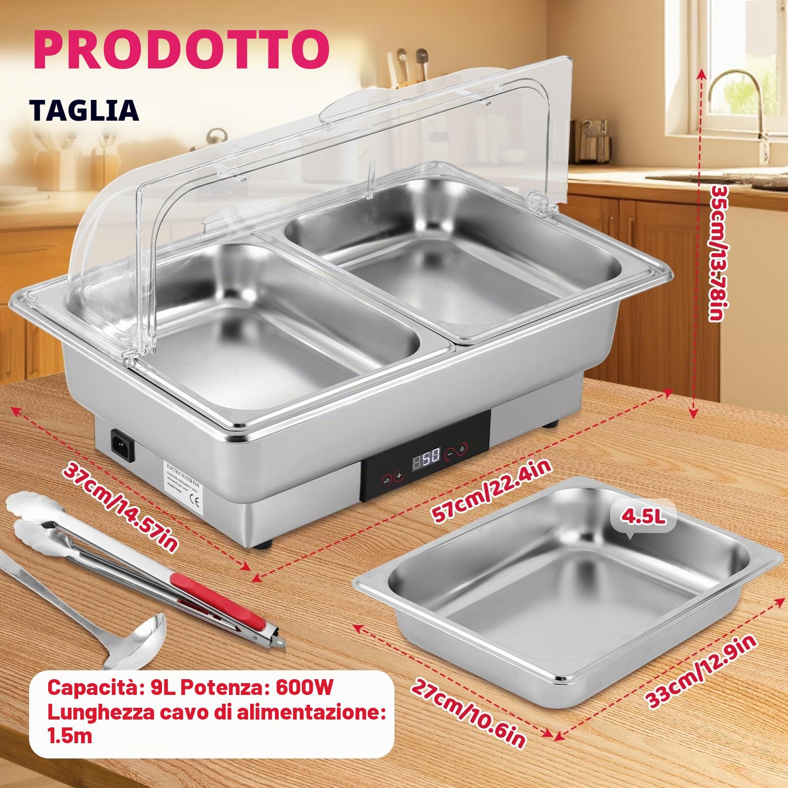YUCHENGTECH Chafing Dish Buffet Elettrico In Acciaio Inox 9L | Con Regolazione della Temperatura e Coperchio Trasparente, per Catering, Matrimoni, Ristoranti