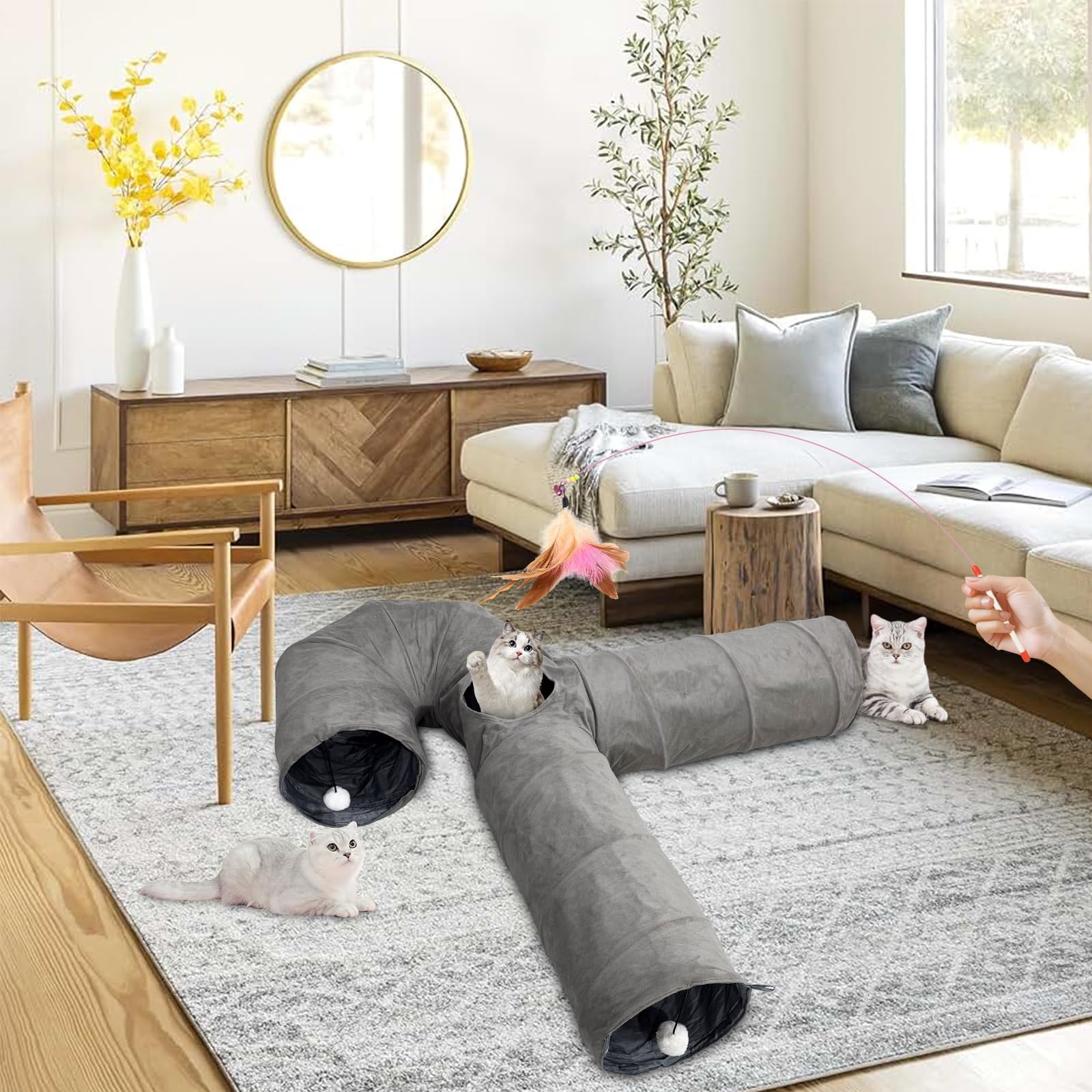 Túnel para Gatos Plegable, Juguete túnel de Gato en Gamuza, Juguete con Pompón y Colgante para Gato, Gran túnel para Gato de Interior Conejos, para Gatos,Cachorros,Conejos,Cobayas (U-Gris)