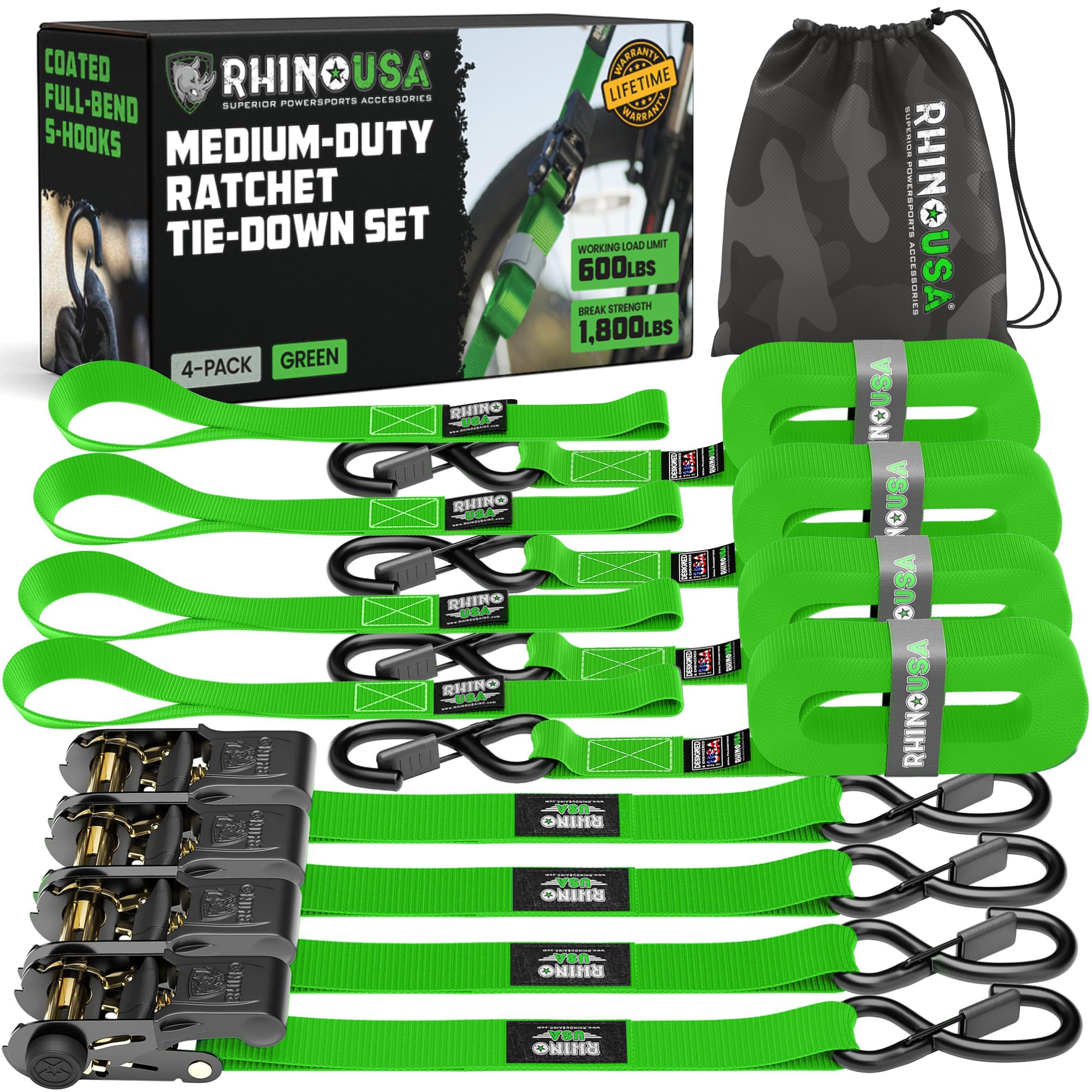 RHINO USA Ratchet Tie Down Straps (4PK) - 1,823lb Guaranteed Max Break Strength, Includes (4) Premium 1" x 15' Rachet Tie Downs with Padded Handles. Best for Moving, Securing Cargo (GREEN)