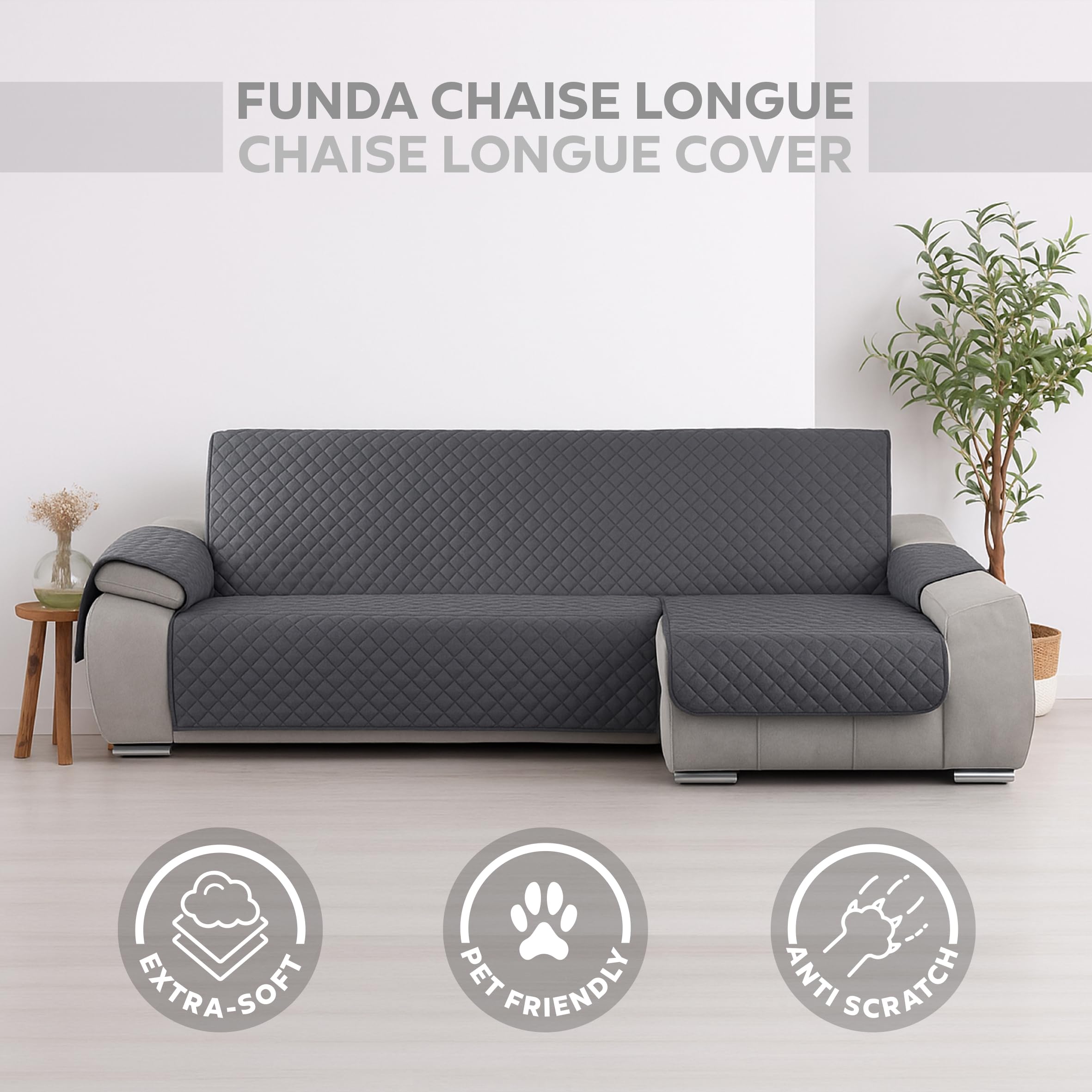 Textilhome Copri divano con Penisola Destro, Copridivano Chaise Longue CIRCUS – Salvadivano Trapuntato Universale con Bracciolo, Antimacchia, 200 cm, Grigio