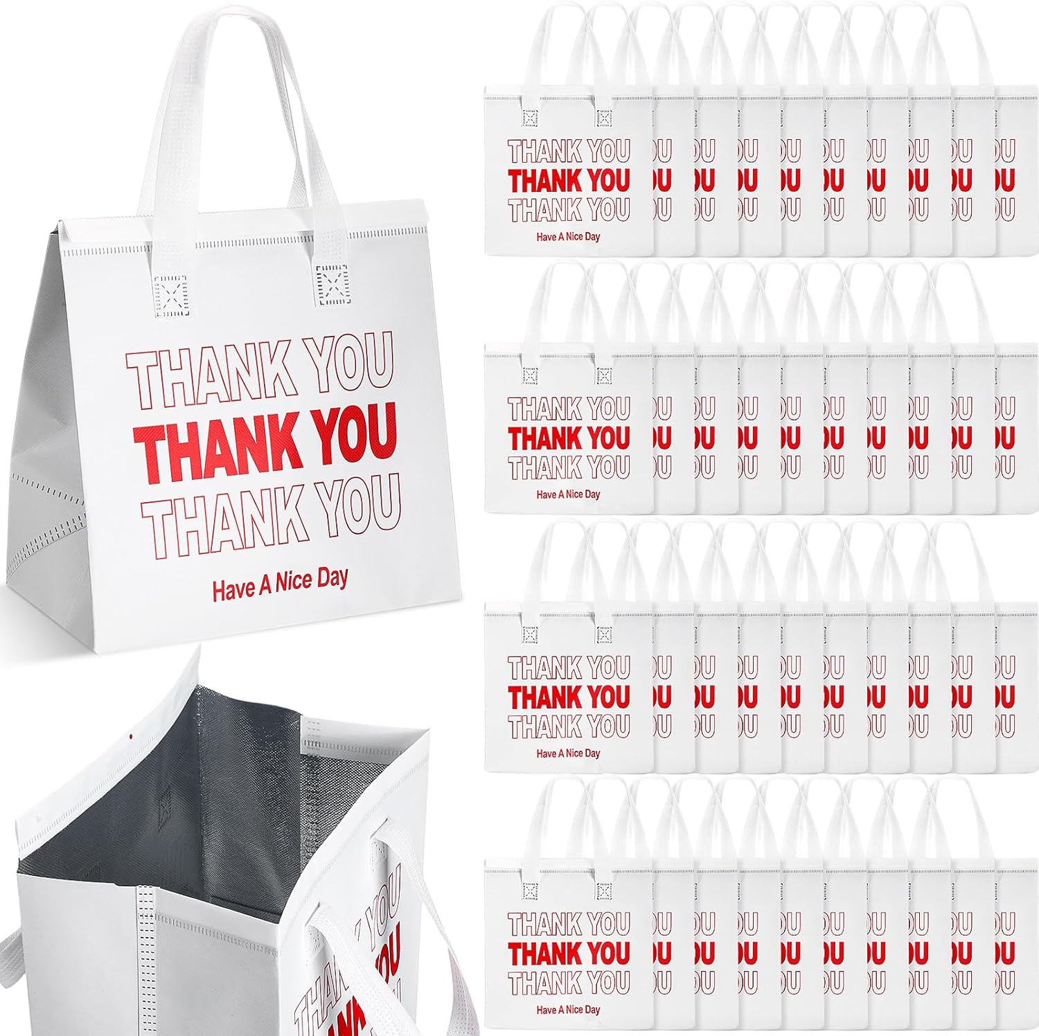 Aliceset 80 Pcs Thank You Insulated Bags for Food Delivery Bulk 9.5 x 9.5 x 6 Inch Thermal Insulation Bag for Cold and Hot Food for Travel Pizza Coffee Milk Catering Restaurant Picnic(White)